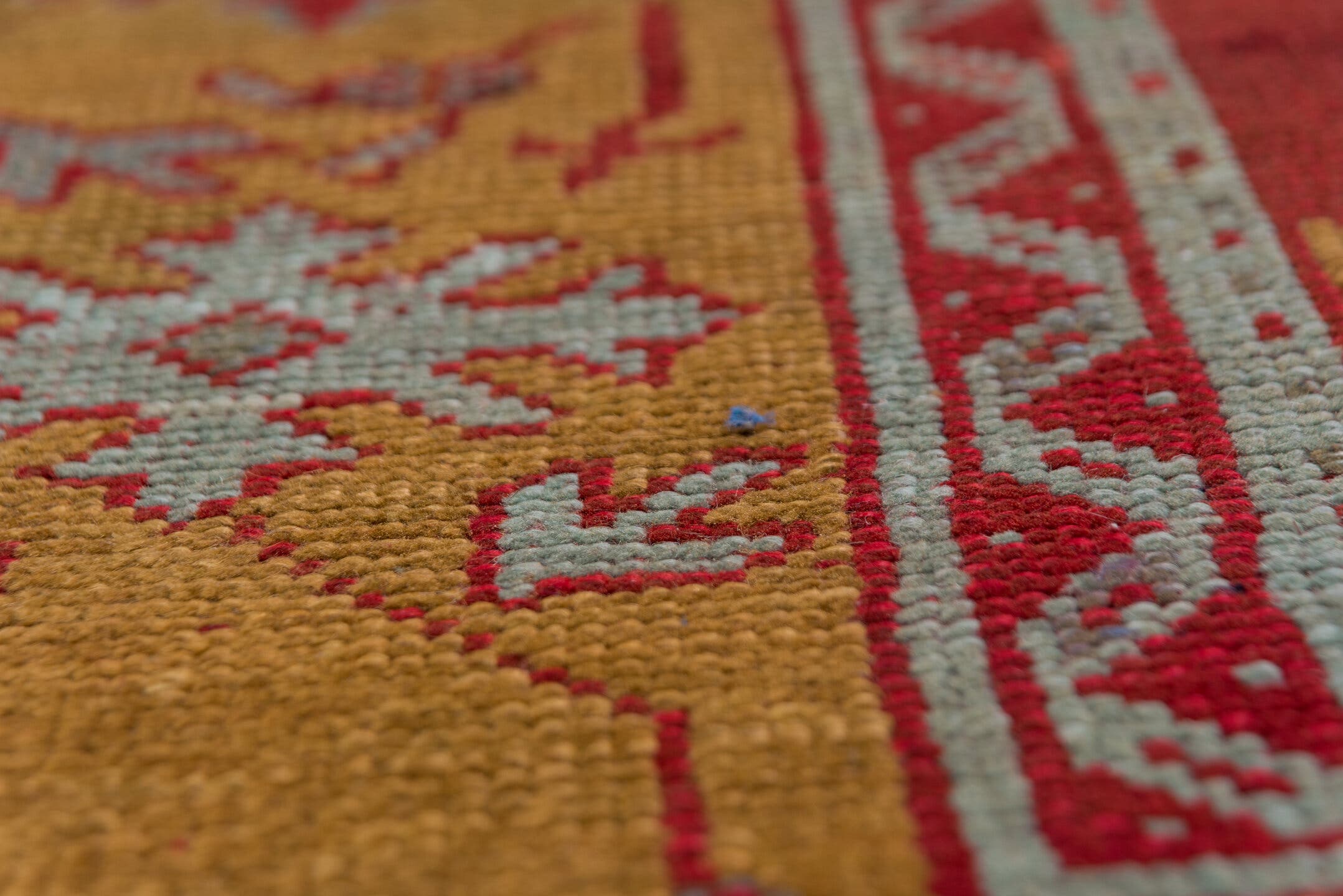 8' x 11' one-of-a-kind handmade antique Oushak large size rug. Color palette: rust, gold, crimson, ivory, pale blue