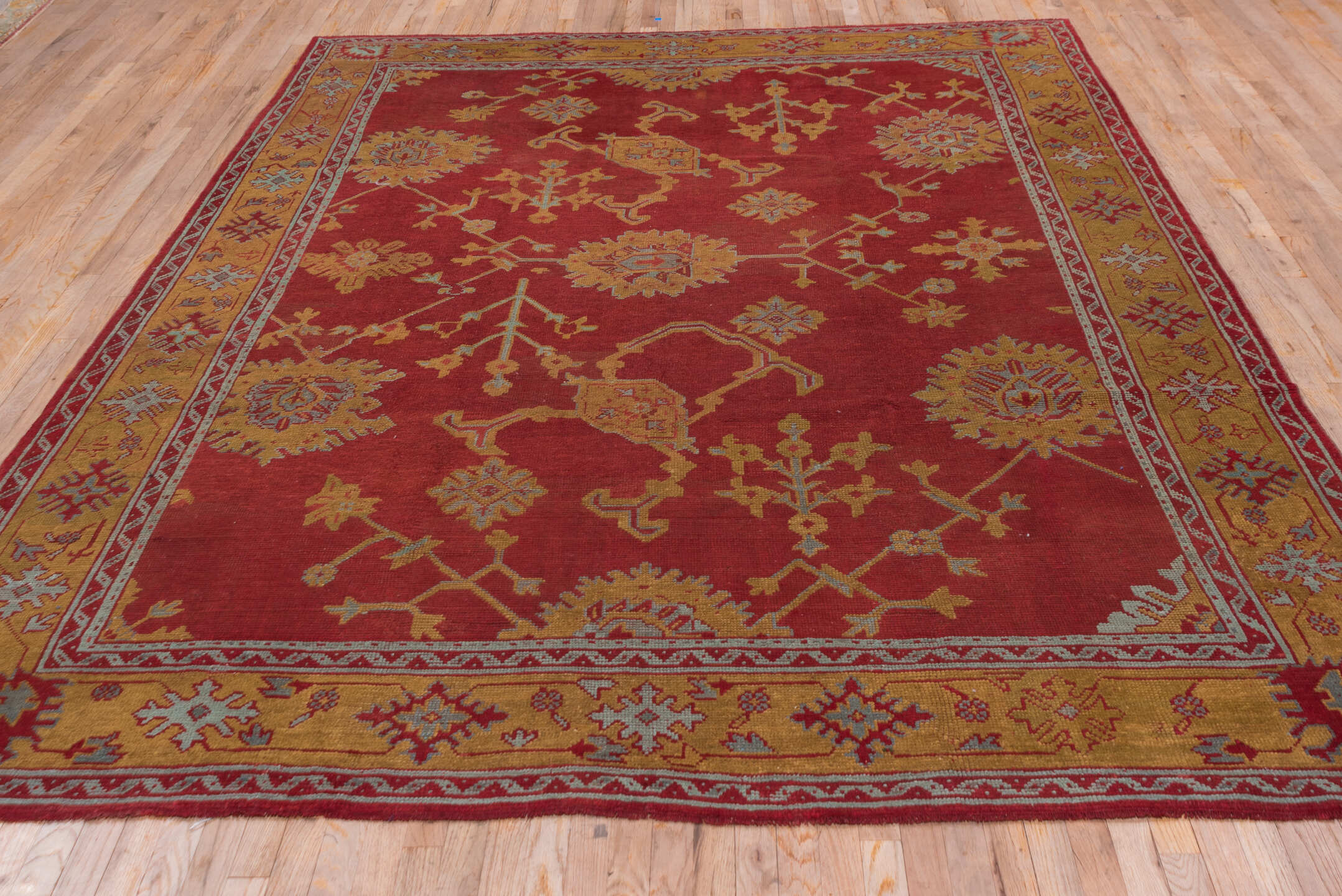 8' x 11' one-of-a-kind handmade antique Oushak large size rug. Color palette: rust, gold, crimson, ivory, pale blue