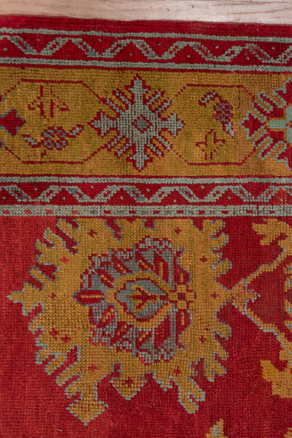 8' x 11' one-of-a-kind handmade antique Oushak large size rug. Color palette: rust, gold, crimson, ivory, pale blue