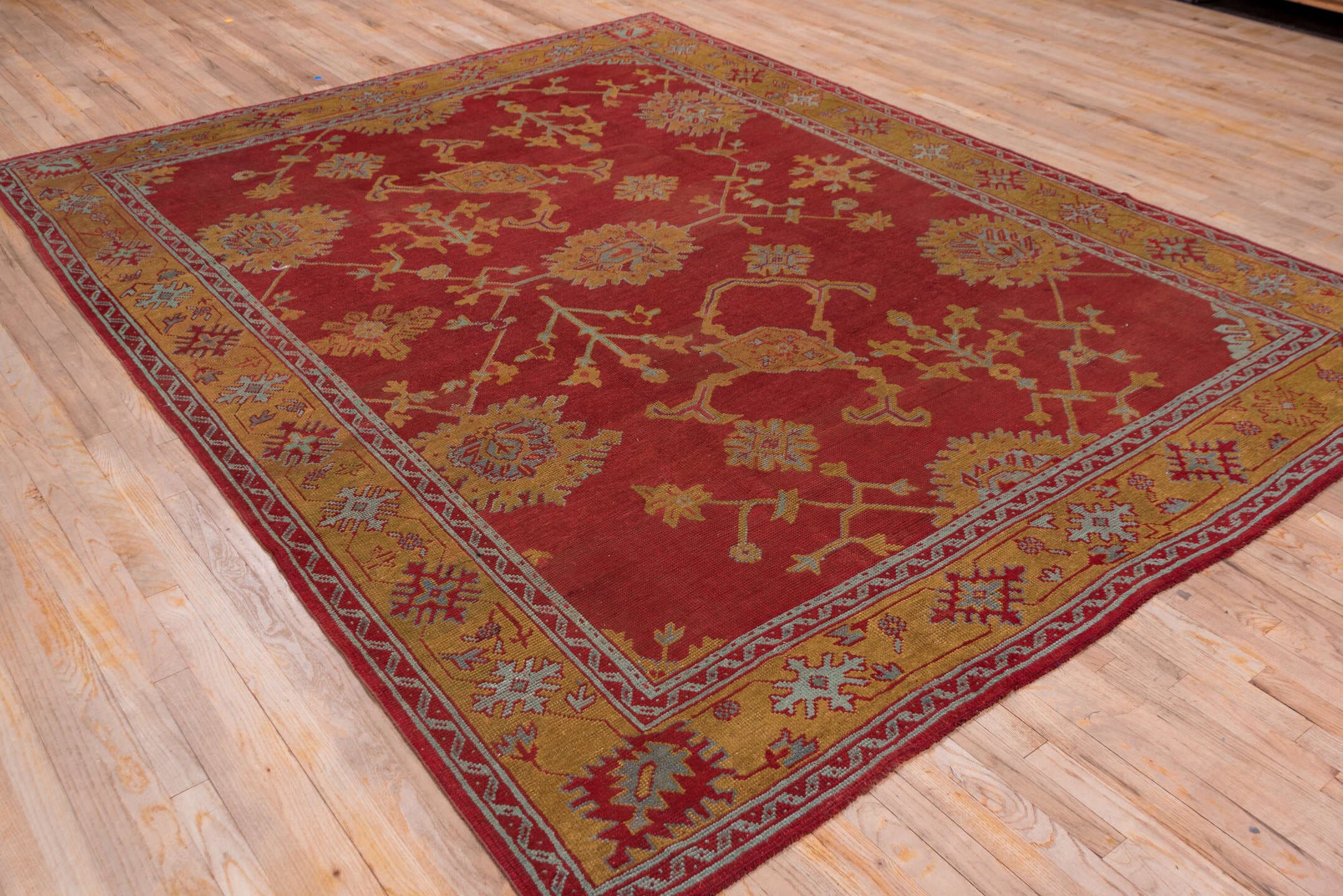 8' x 11' one-of-a-kind handmade antique Oushak large size rug. Color palette: rust, gold, crimson, ivory, pale blue