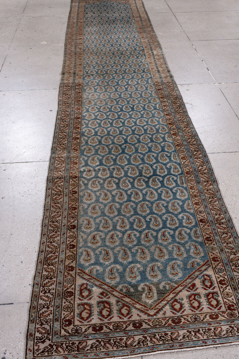 3' x 16' one-of-a-kind handmade vintage Malayer runner rug. Color palette: black, blue, brown, gray, light blue, light gray