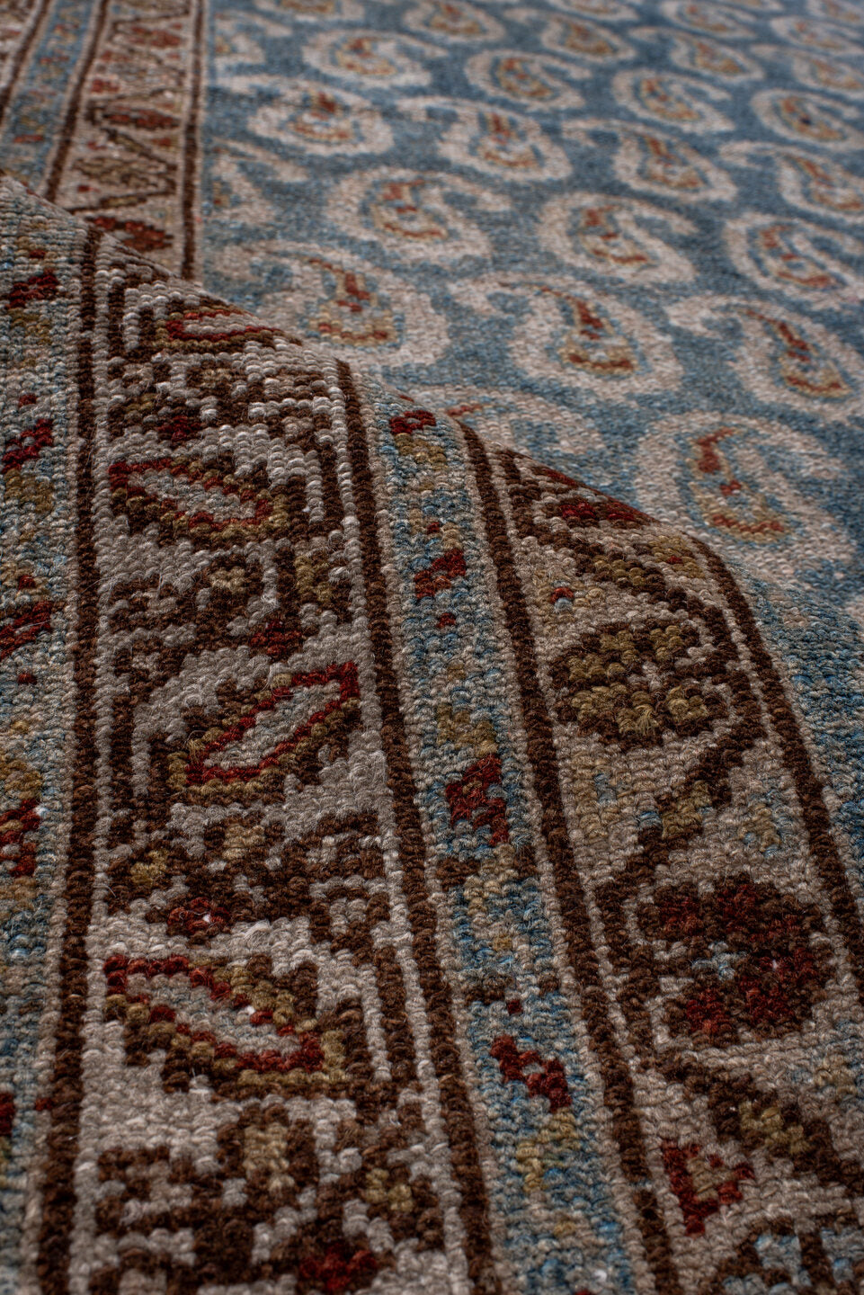 3' x 16' one-of-a-kind handmade vintage Malayer runner rug. Color palette: black, blue, brown, gray, light blue, light gray