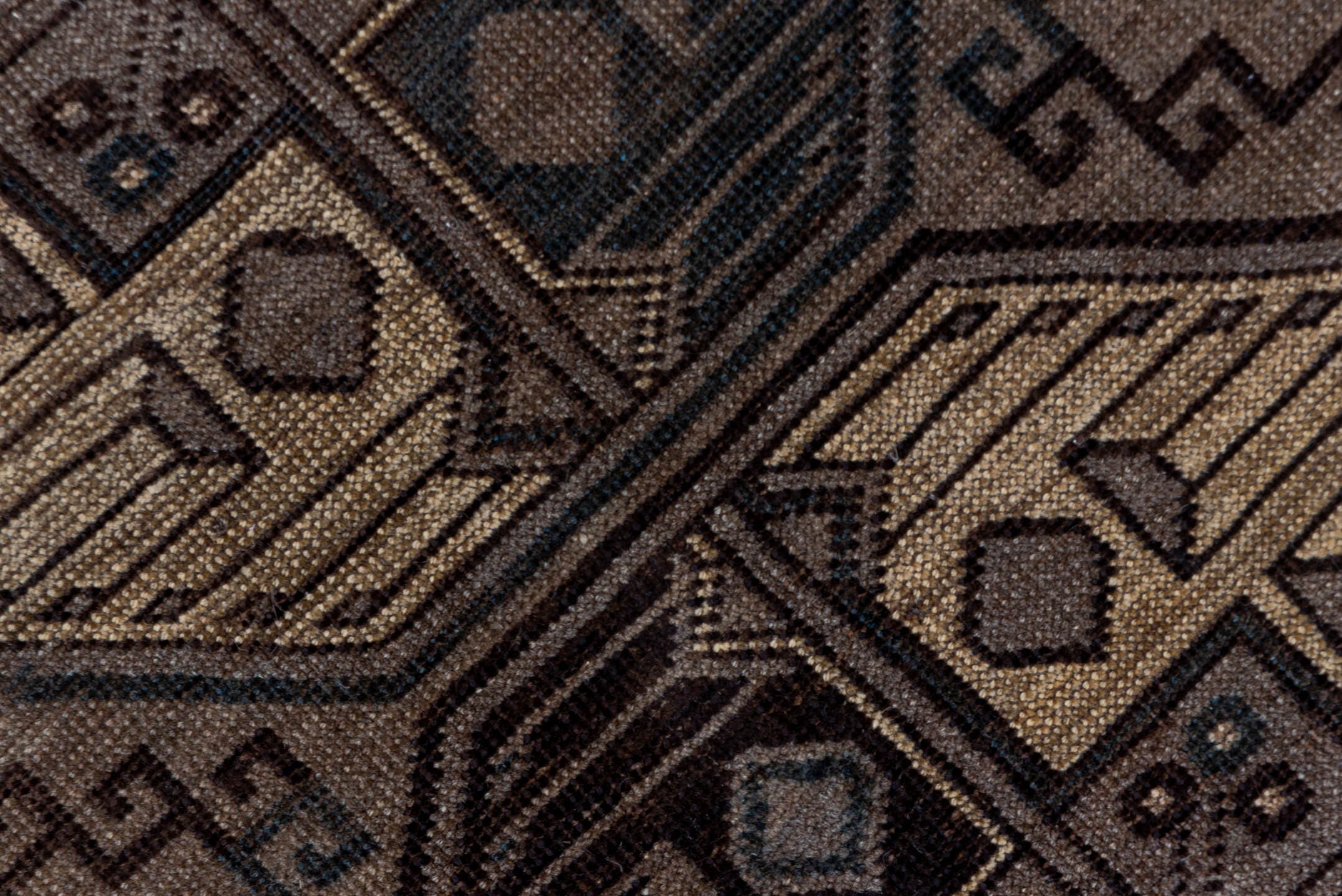 7' x 10' one-of-a-kind handmade antique Afghan large size rug. Color palette: brown, taupe, camel, ebony, ivory, beige, gray
