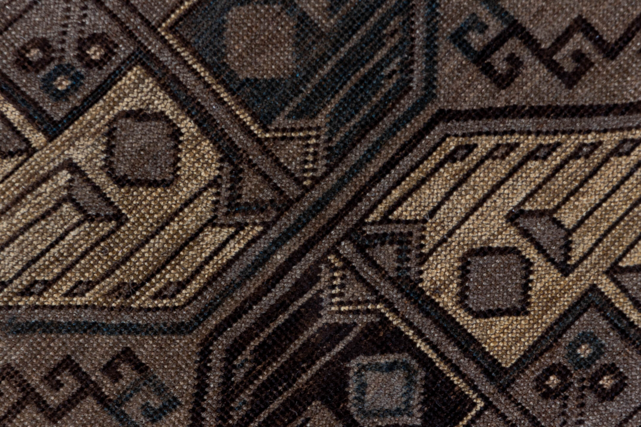 7' x 10' one-of-a-kind handmade antique Afghan large size rug. Color palette: brown, taupe, camel, ebony, ivory, beige, gray
