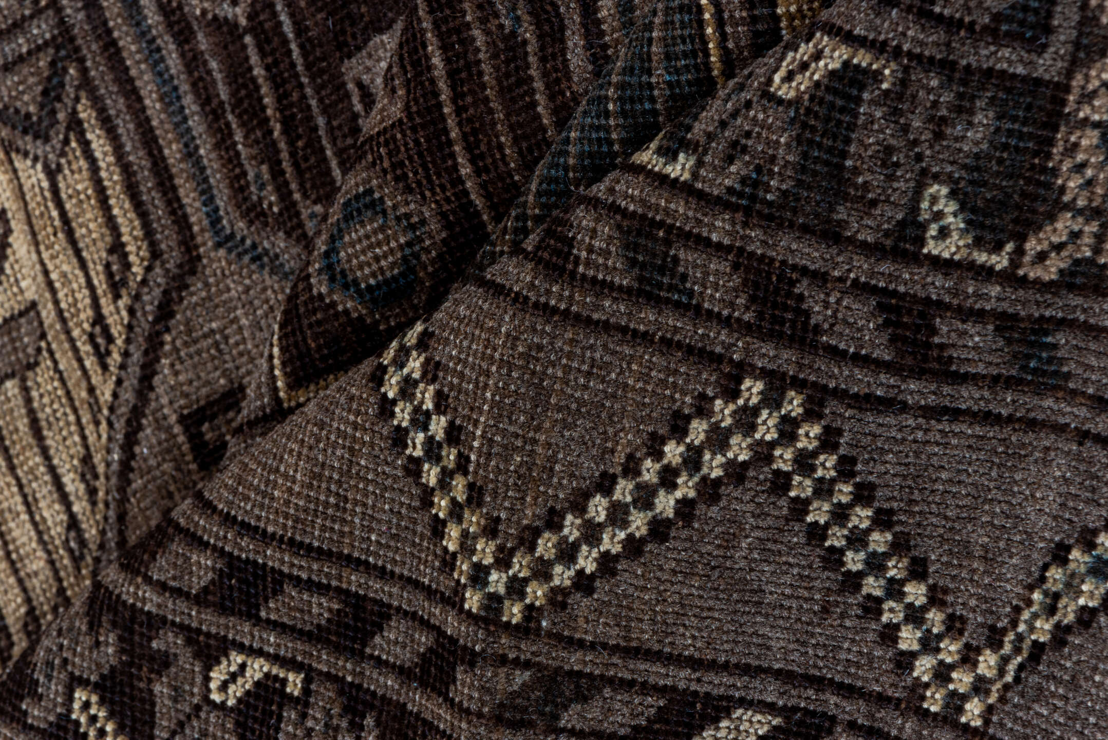 7' x 10' one-of-a-kind handmade antique Afghan large size rug. Color palette: brown, taupe, camel, ebony, ivory, beige, gray