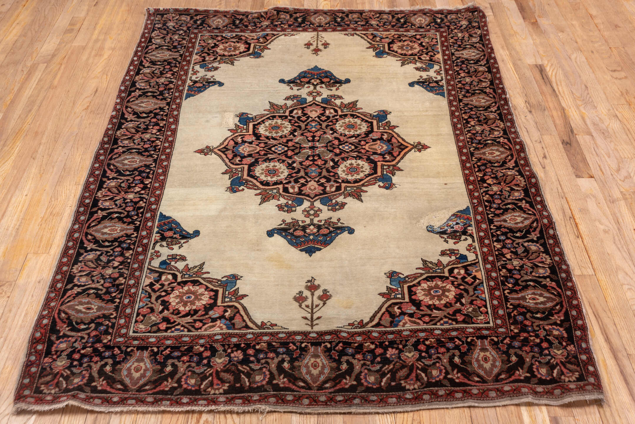4' x 6' one-of-a-kind handmade vintage Far.Sarouk small size rug. Color palette: ivory, navy, rust, rose, burgundy, camel