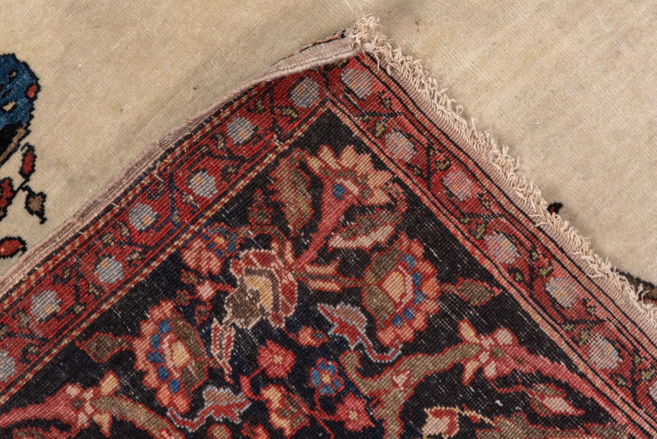 4' x 6' one-of-a-kind handmade vintage Far.Sarouk small size rug. Color palette: ivory, navy, rust, rose, burgundy, camel