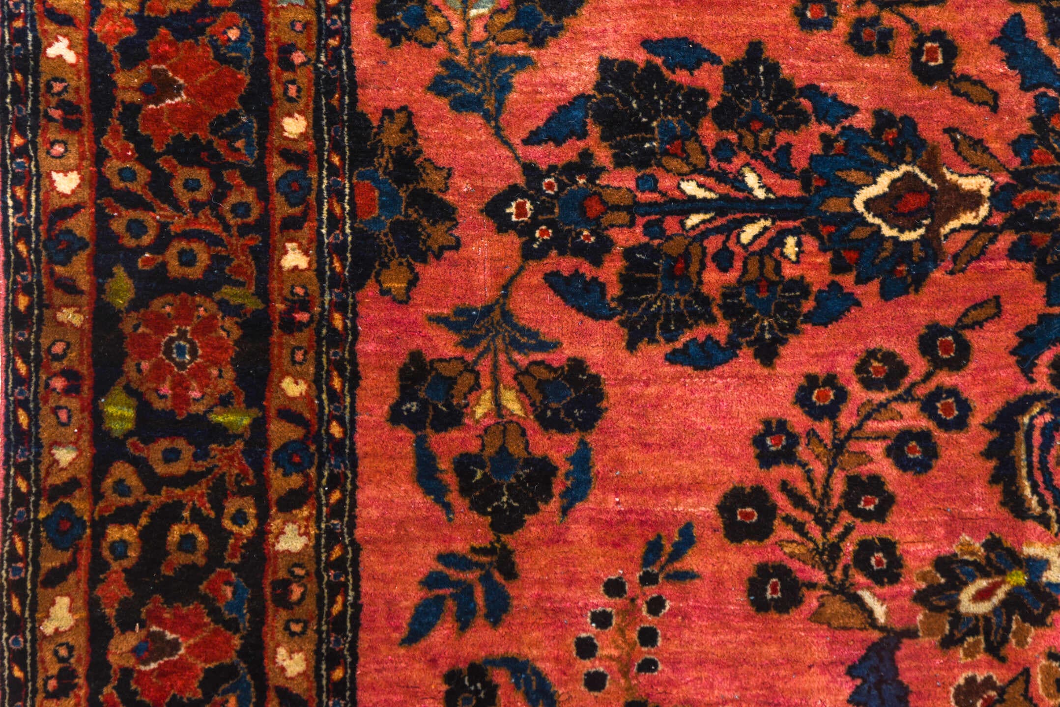 4' x 6' one-of-a-kind handmade antique Sarouk small size rug. Color palette: rose, navy, rust, ivory, coral, burgundy, gold