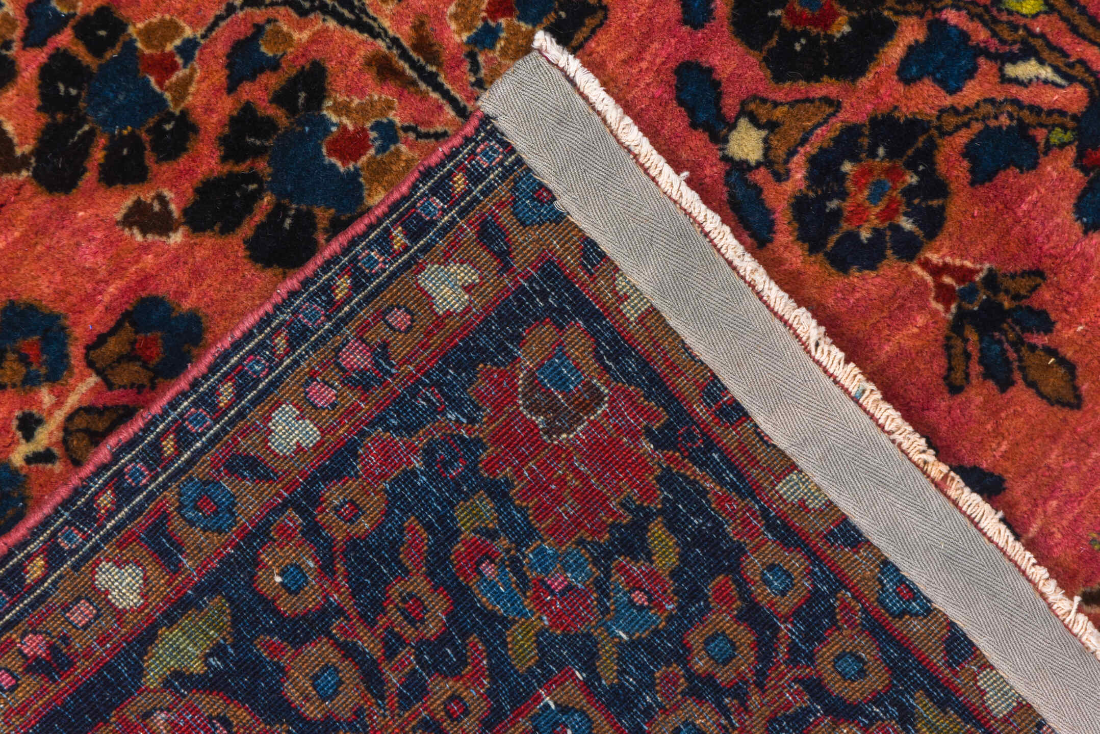 4' x 6' one-of-a-kind handmade antique Sarouk small size rug. Color palette: rose, navy, rust, ivory, coral, burgundy, gold