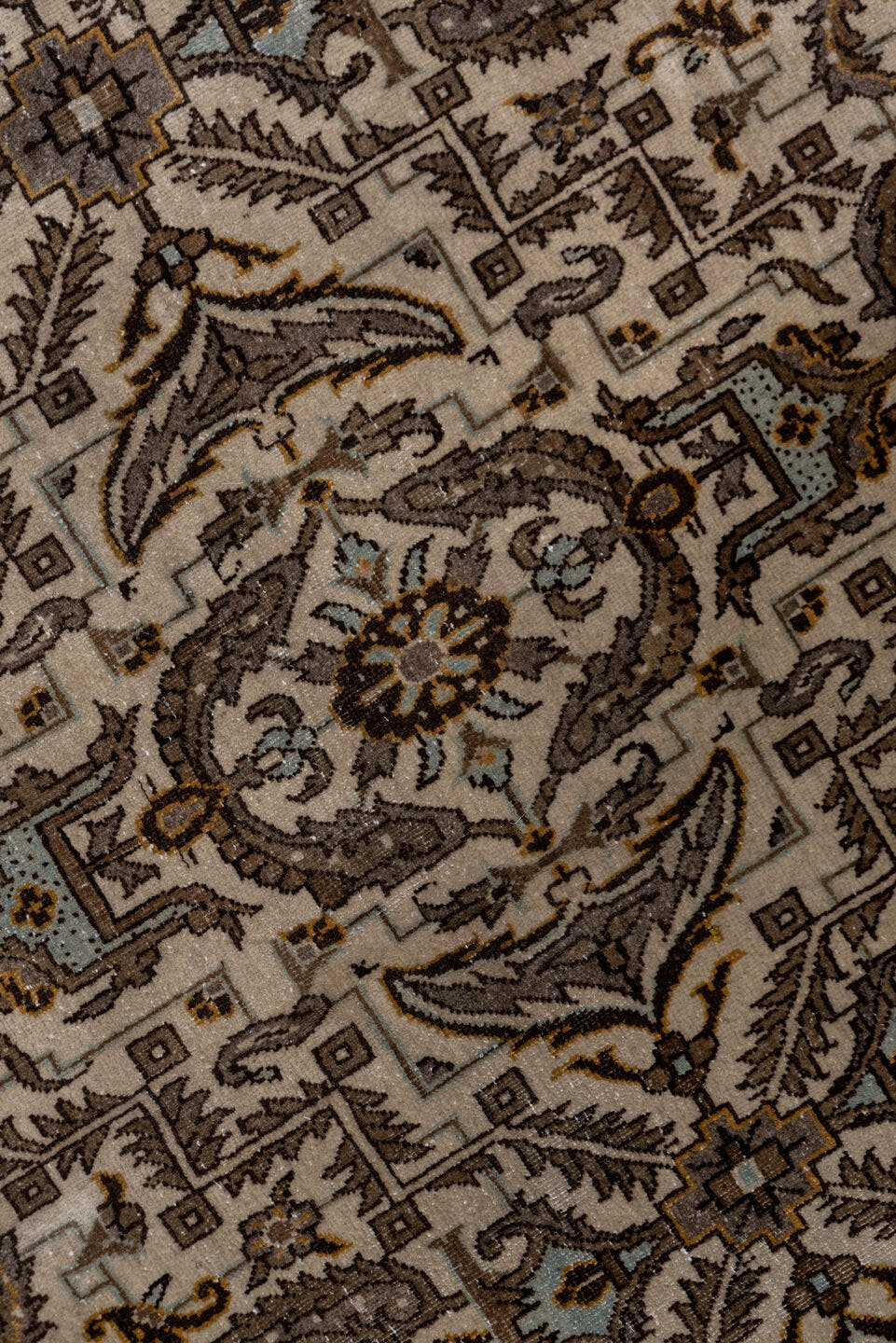 7' x 11' one-of-a-kind handmade antique Tabriz large size rug. Color palette: ivory, taupe, brown, camel, slate, soft_blue