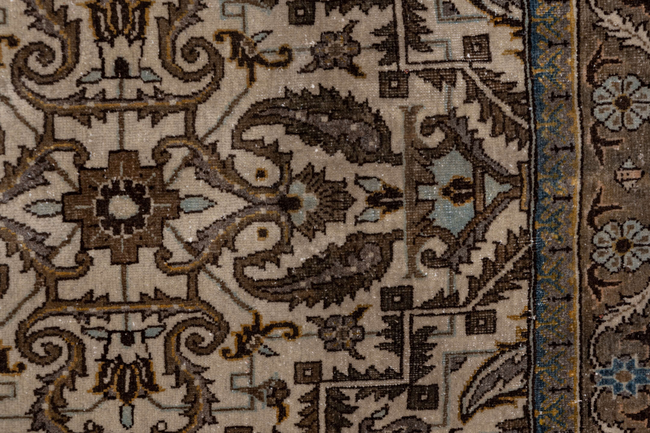 7' x 11' one-of-a-kind handmade antique Tabriz large size rug. Color palette: ivory, taupe, brown, camel, slate, soft_blue