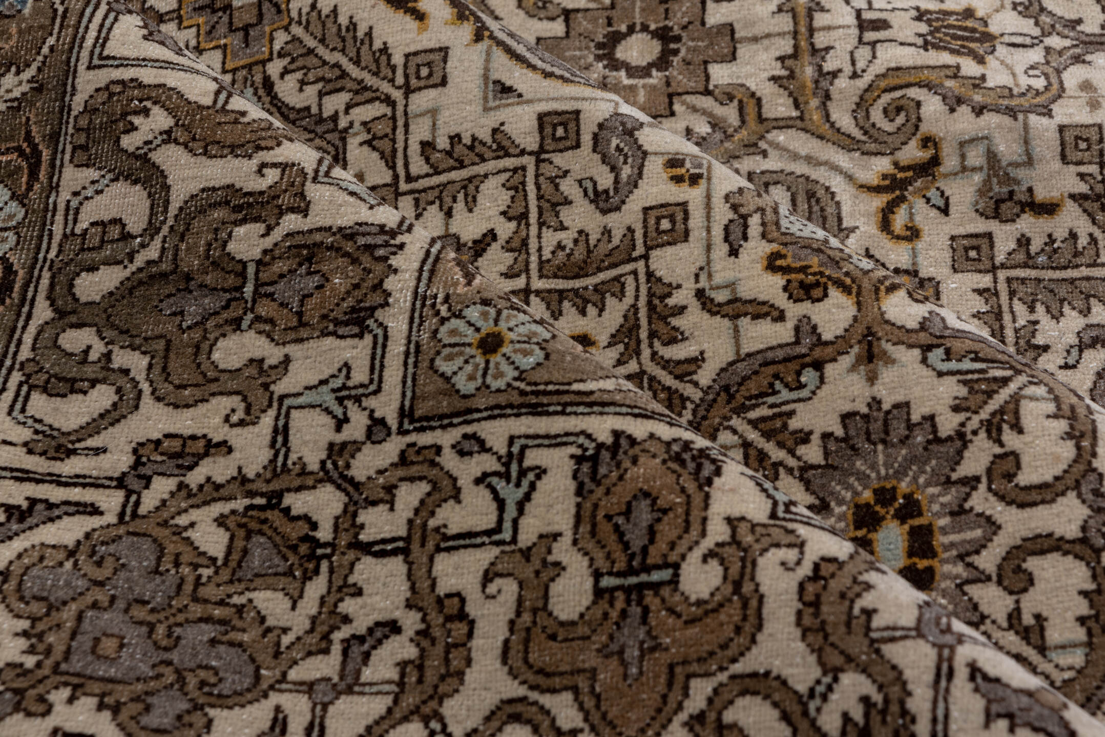 7' x 11' one-of-a-kind handmade antique Tabriz large size rug. Color palette: ivory, taupe, brown, camel, slate, soft_blue