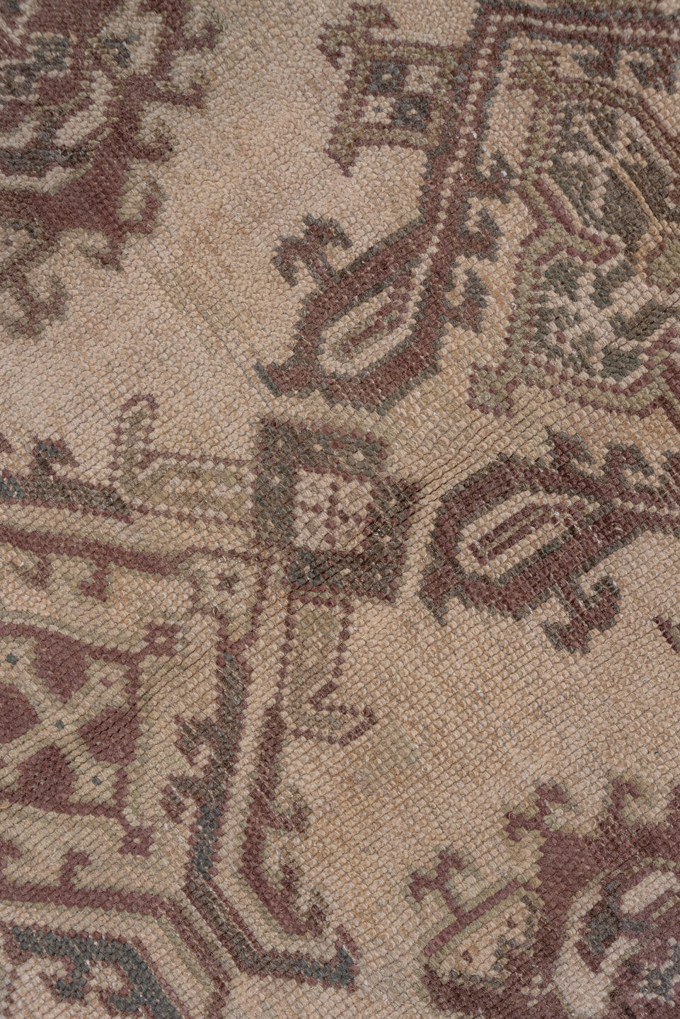 6' x 12' one-of-a-kind handmade antique Oushak large size rug. Color palette: ivory, taupe, rose, brown, mauve, charcoal