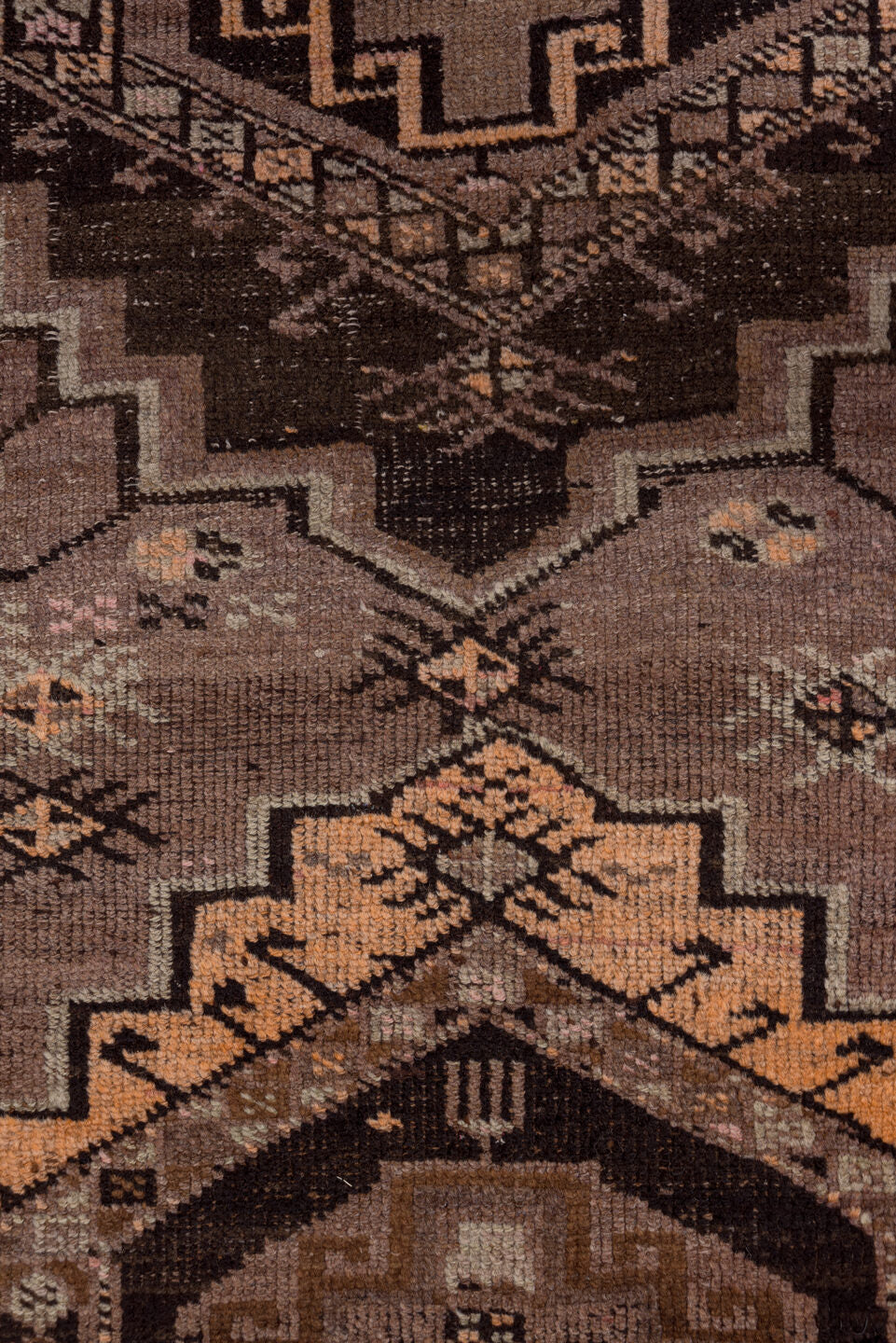 2' x 14' one-of-a-kind handmade vintage Kars runner rug. Color palette: brown, gray, pink, redwood