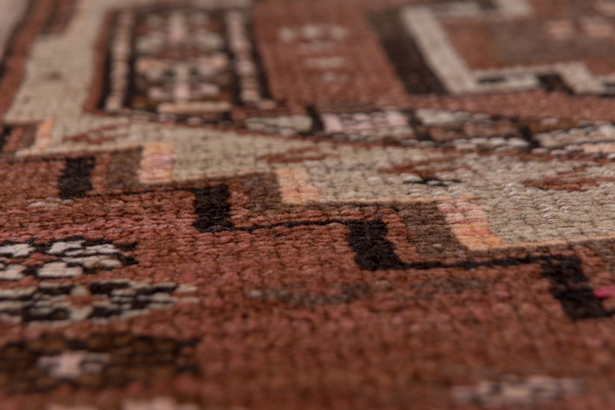 2' x 14' one-of-a-kind handmade vintage Kars runner rug. Color palette: brown, gray, pink, redwood