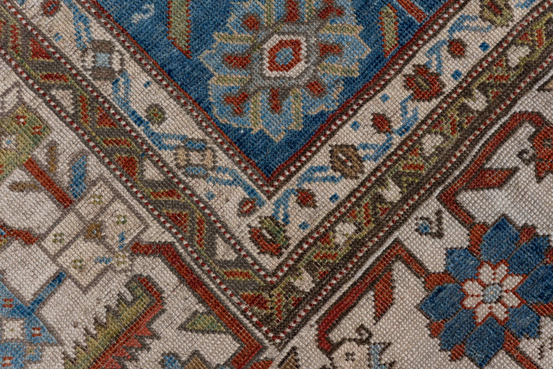 6' x 14' one-of-a-kind handmade antique Karabagh large size rug. Color palette: blue, ivory, rust, slate, sage, taupe, brown