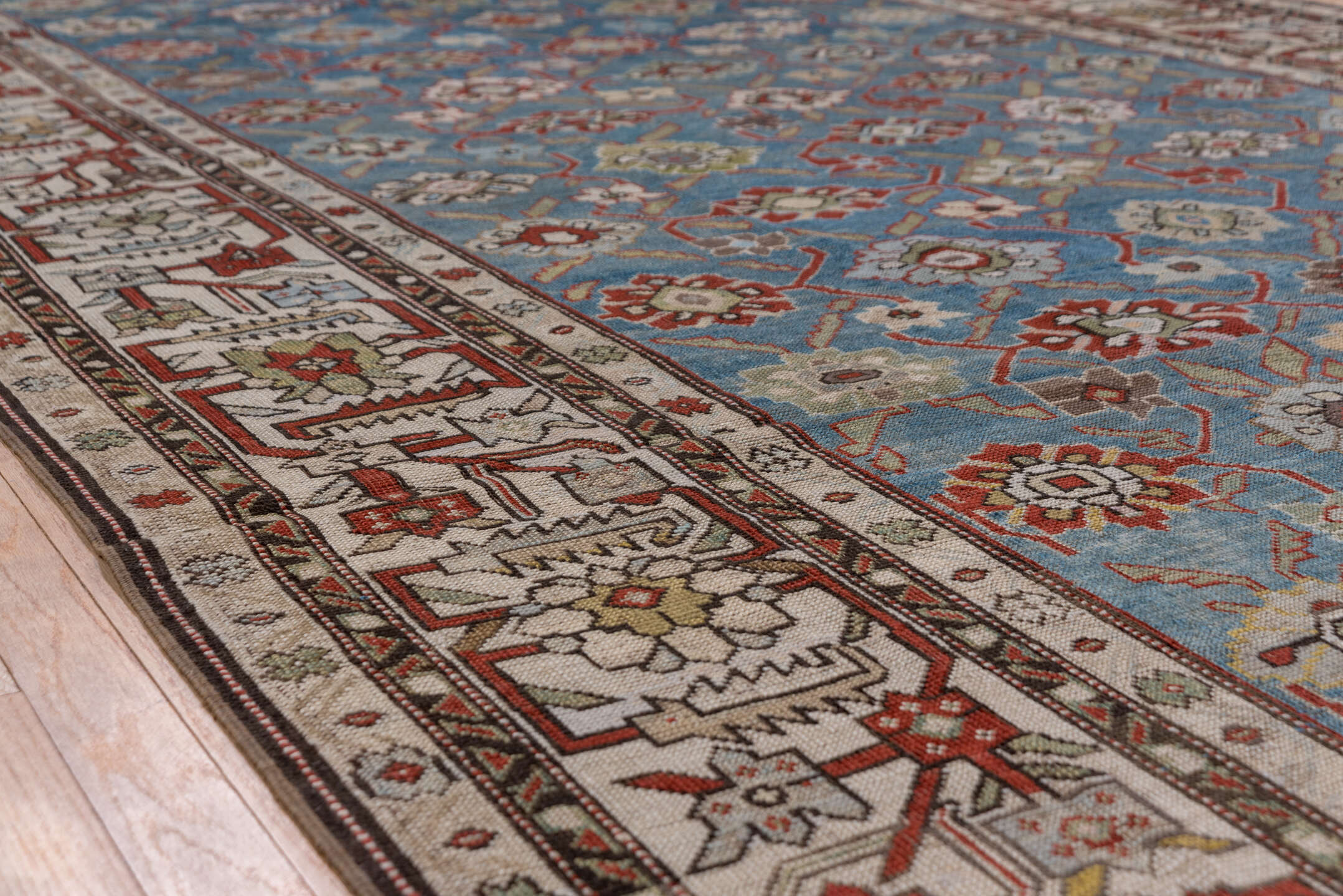 6' x 14' one-of-a-kind handmade antique Karabagh large size rug. Color palette: blue, ivory, rust, slate, sage, taupe, brown