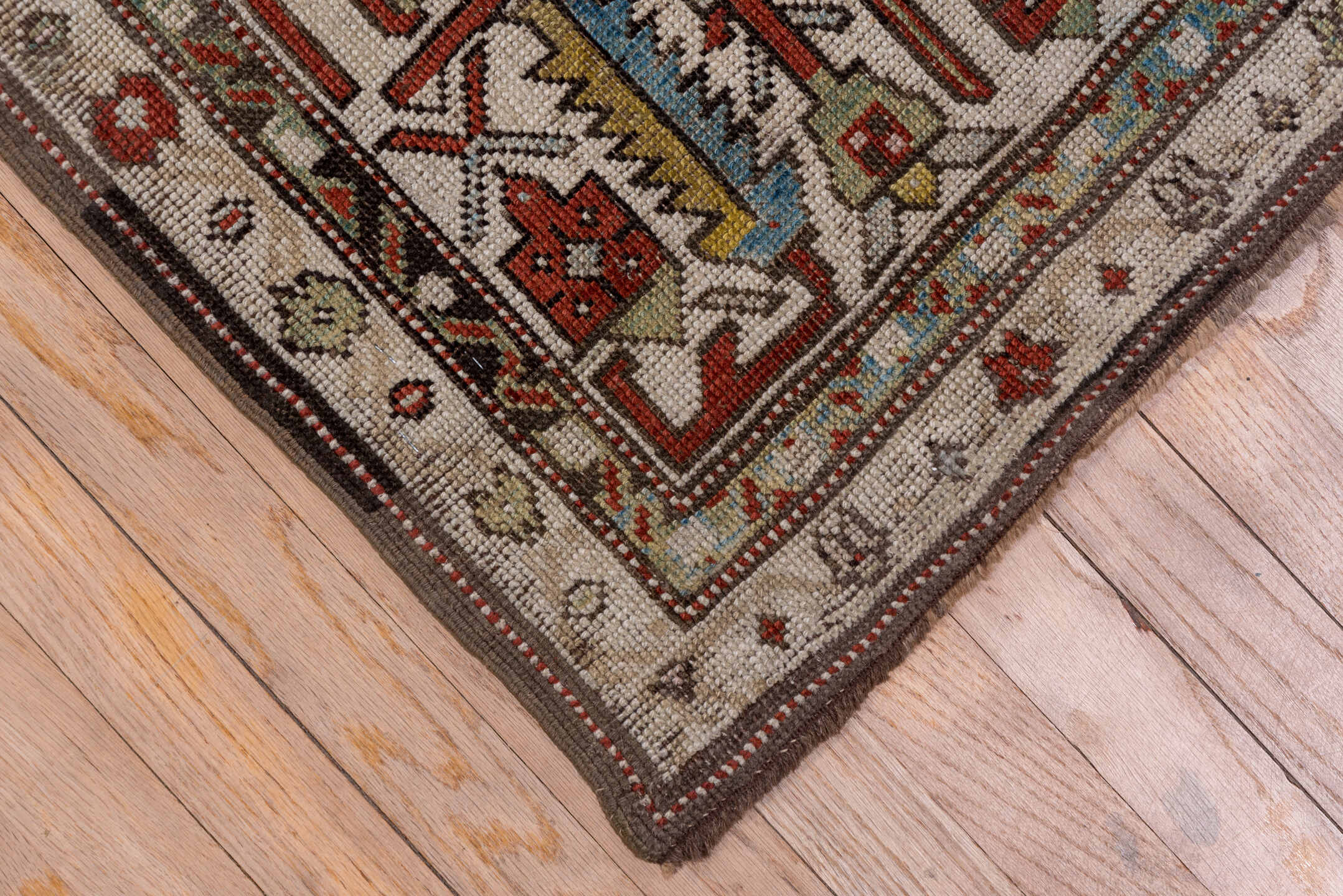 6' x 14' one-of-a-kind handmade antique Karabagh large size rug. Color palette: blue, ivory, rust, slate, sage, taupe, brown