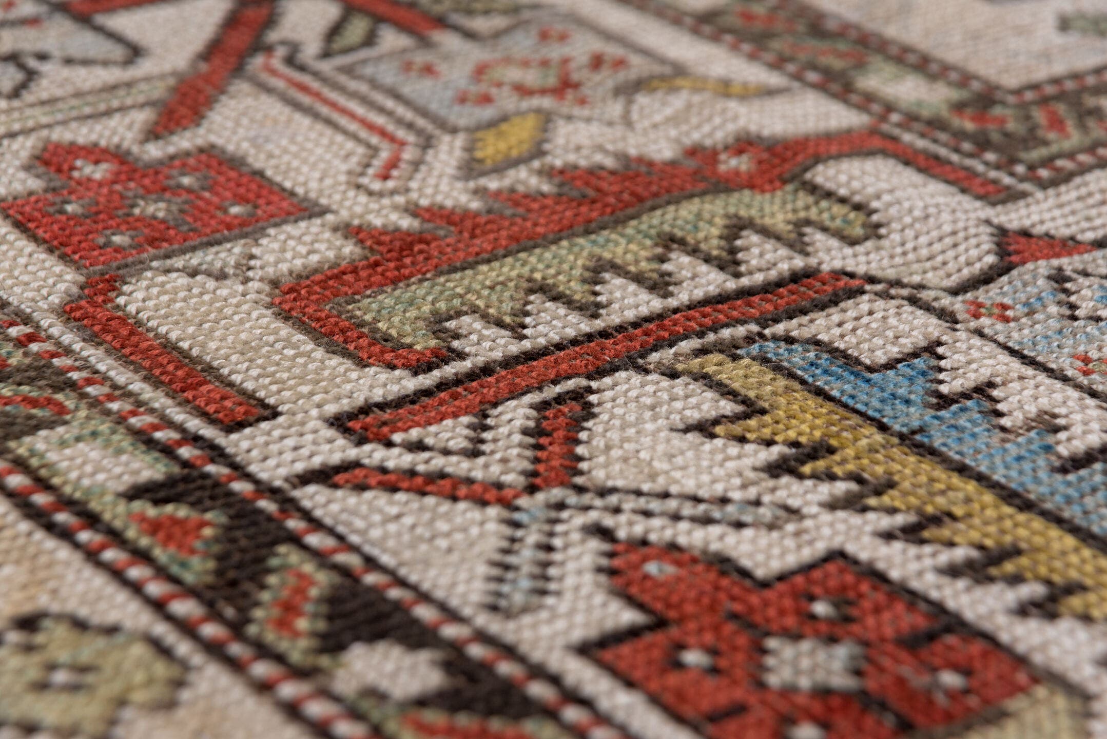 6' x 14' one-of-a-kind handmade antique Karabagh large size rug. Color palette: blue, ivory, rust, slate, sage, taupe, brown
