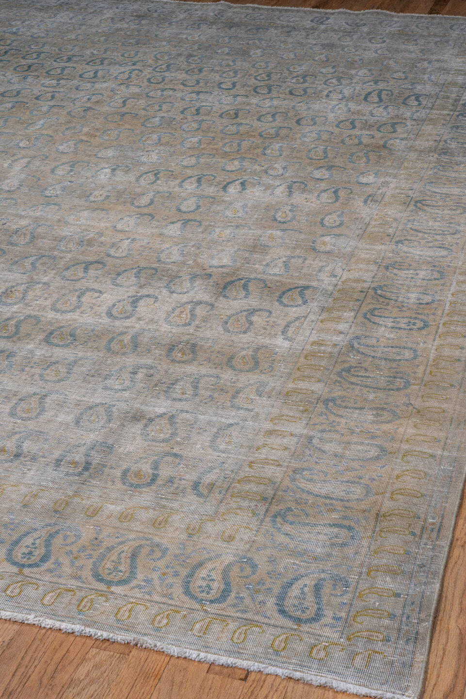 9' x 12' one-of-a-kind handmade antique Sivas large size rug. Color palette: pale blue, ivory, sky blue, beige, taupe, gold