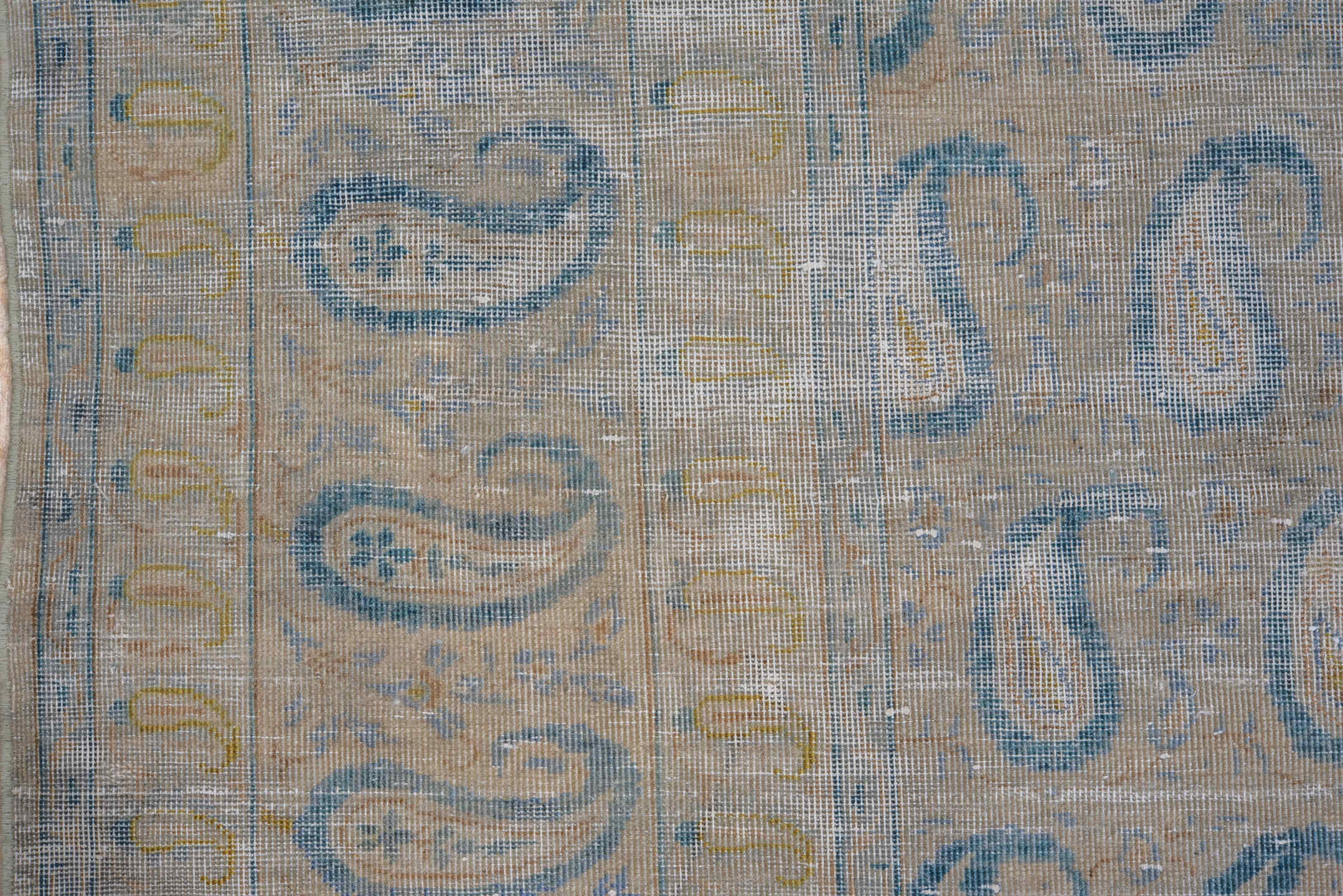 9' x 12' one-of-a-kind handmade antique Sivas large size rug. Color palette: pale blue, ivory, sky blue, beige, taupe, gold