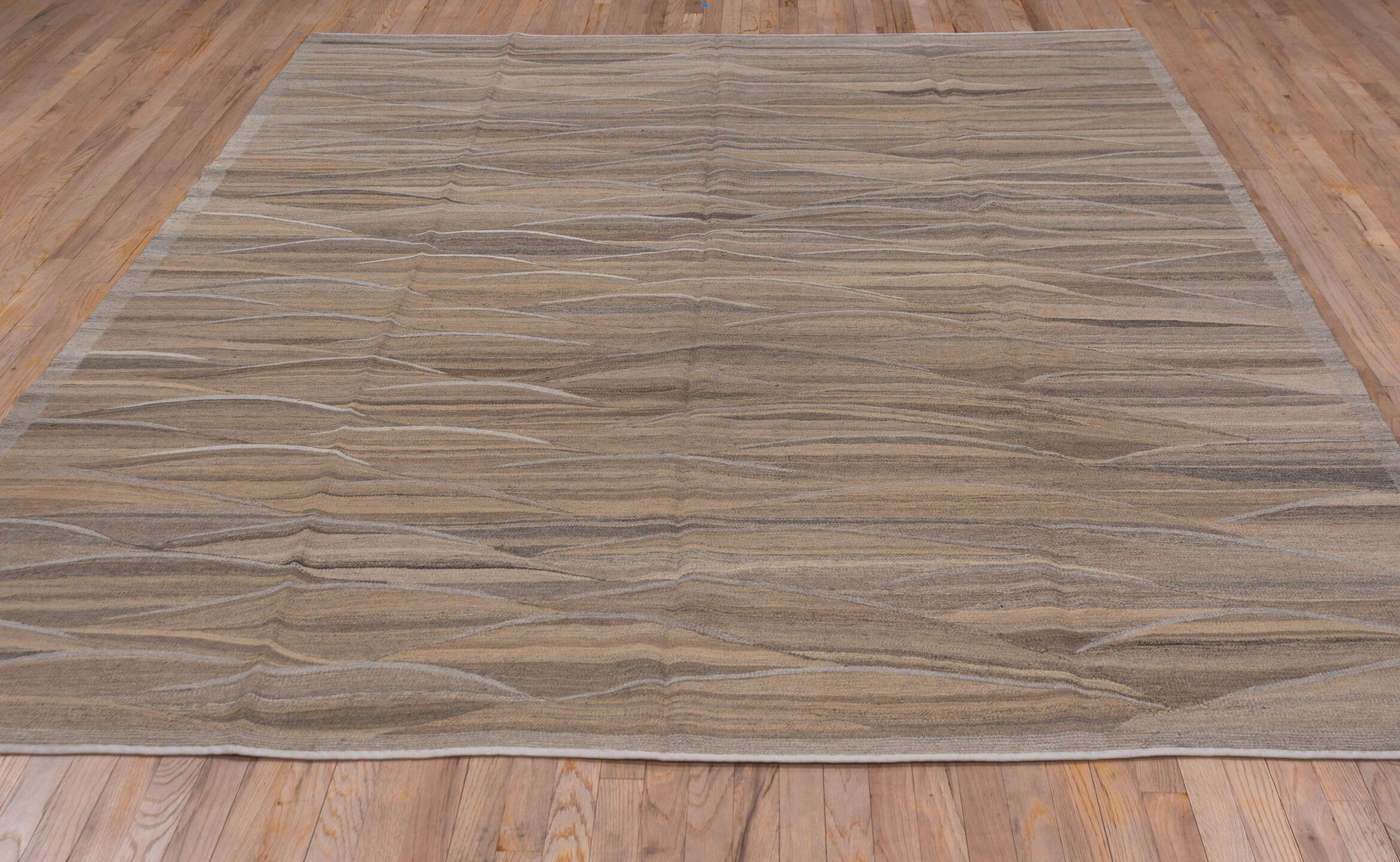 8' x 10' one-of-a-kind handmade vintage Kilim large size rug. Color palette: taupe, brown, camel, beige, ivory, charcoal