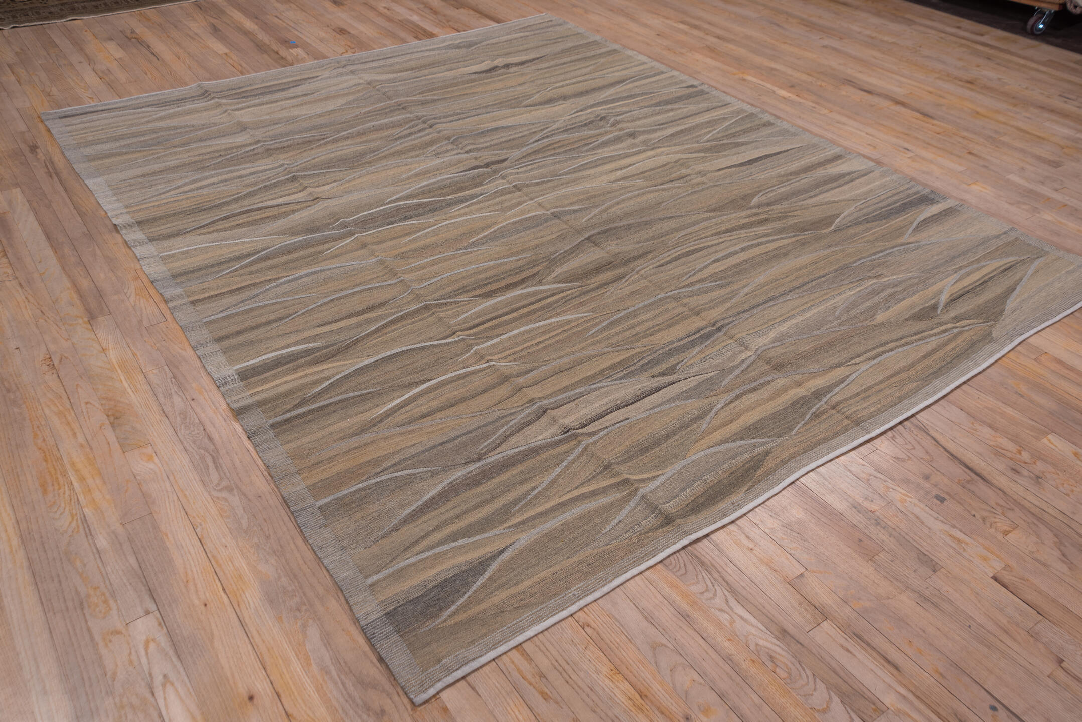 8' x 10' one-of-a-kind handmade vintage Kilim large size rug. Color palette: taupe, brown, camel, beige, ivory, charcoal