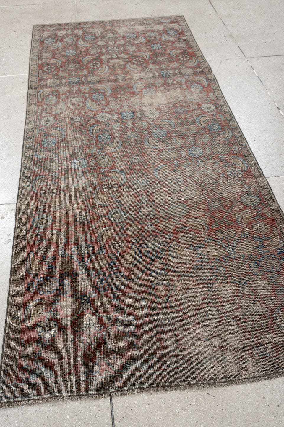 3' x 7' one-of-a-kind handmade antique Bidjar runner rug. Color palette: terracotta, ivory, muted blue, taupe, slate, rose