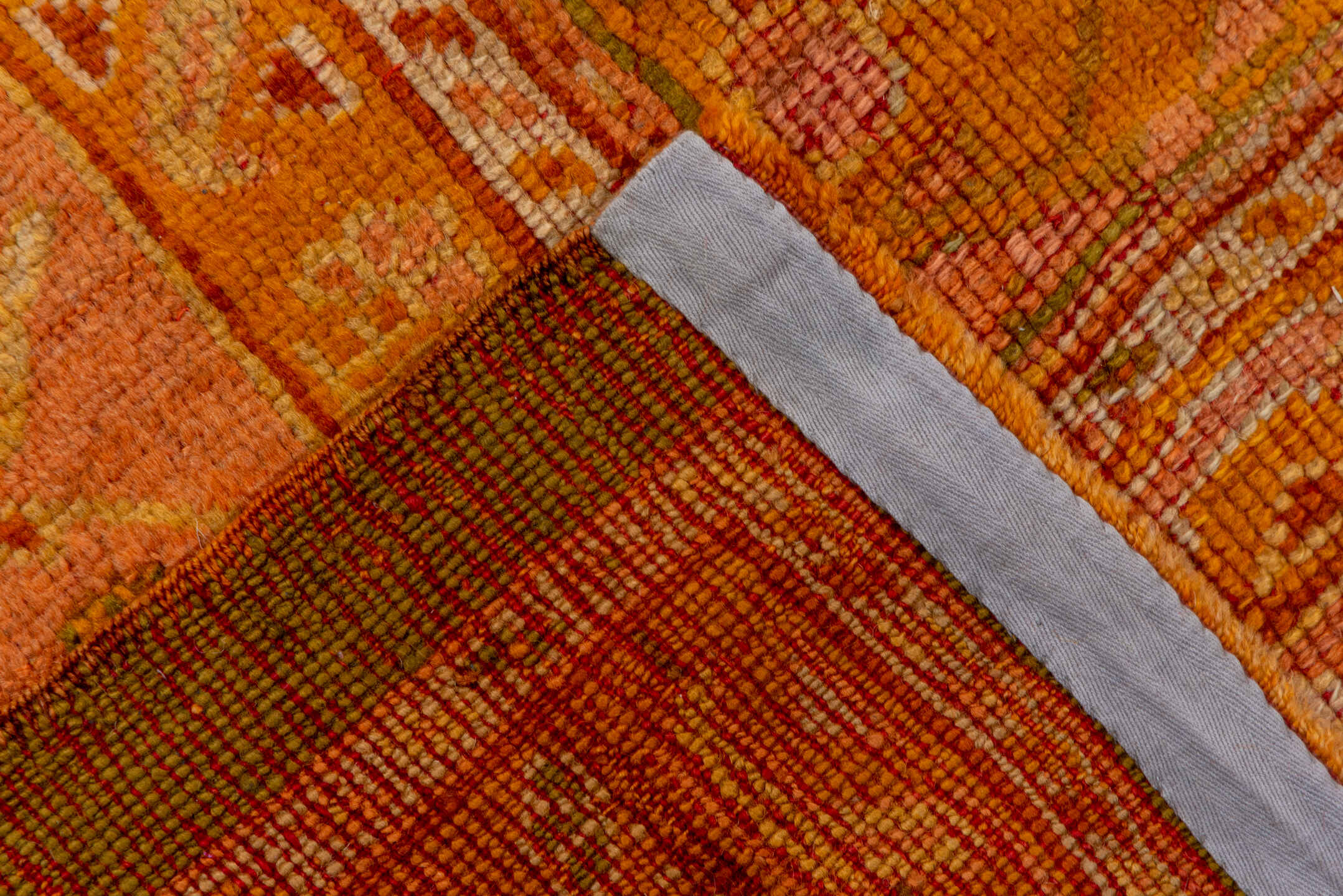 11' x 14' one-of-a-kind handmade vintage Oushak oversize rug. Color palette: brown, orange, peru, pink, red, yellow