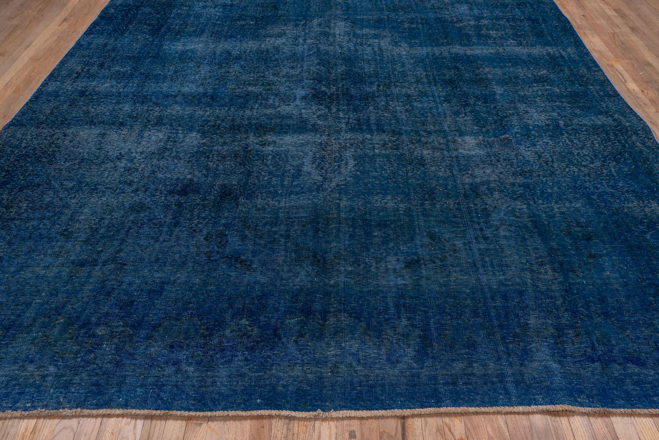 9' x 12' one-of-a-kind handmade vintage Overdyed large size rug. Color palette: arapawa, blue, fiord, ghost white, gray