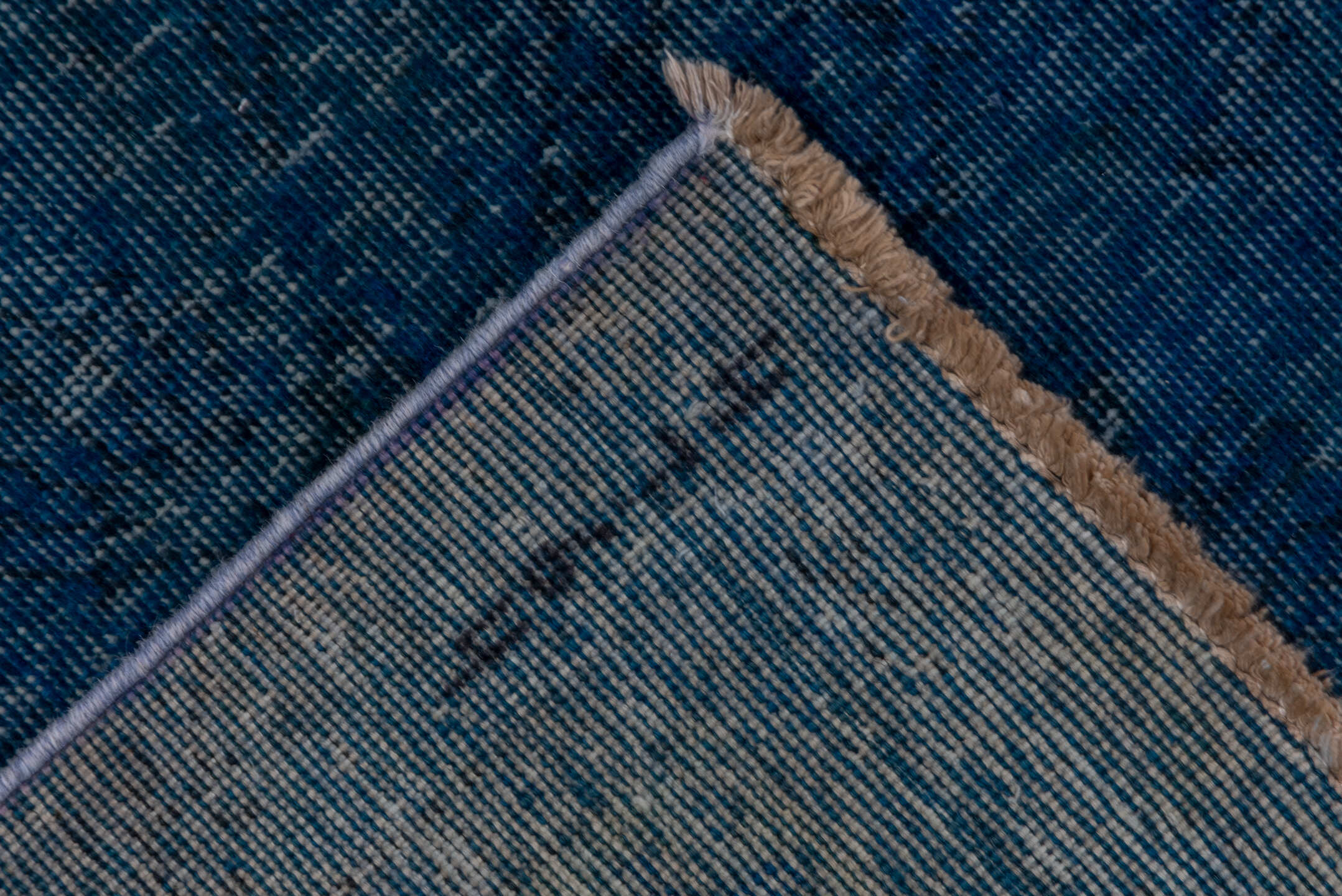 9' x 12' one-of-a-kind handmade vintage Overdyed large size rug. Color palette: arapawa, blue, fiord, ghost white, gray