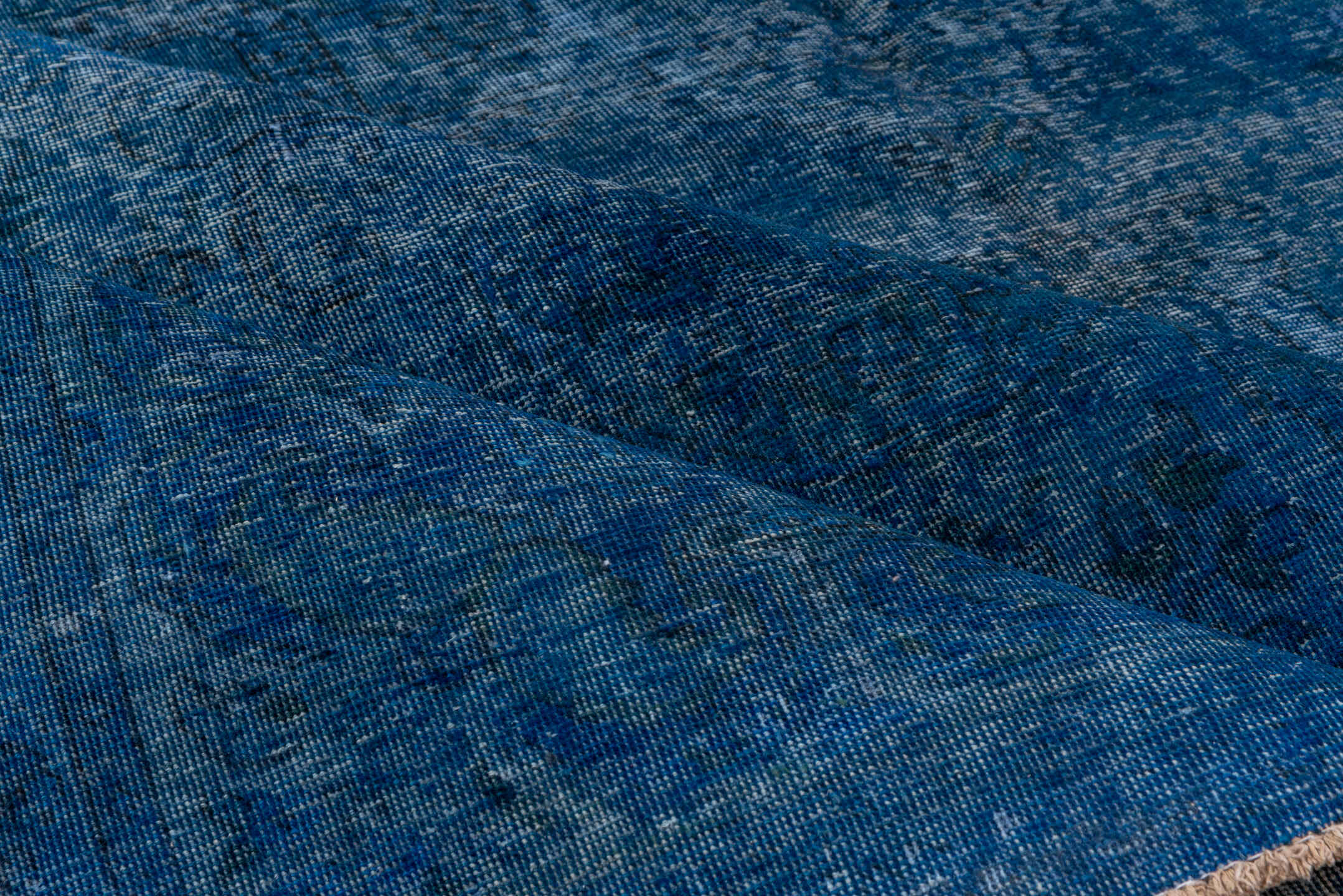 9' x 12' one-of-a-kind handmade vintage Overdyed large size rug. Color palette: arapawa, blue, fiord, ghost white, gray