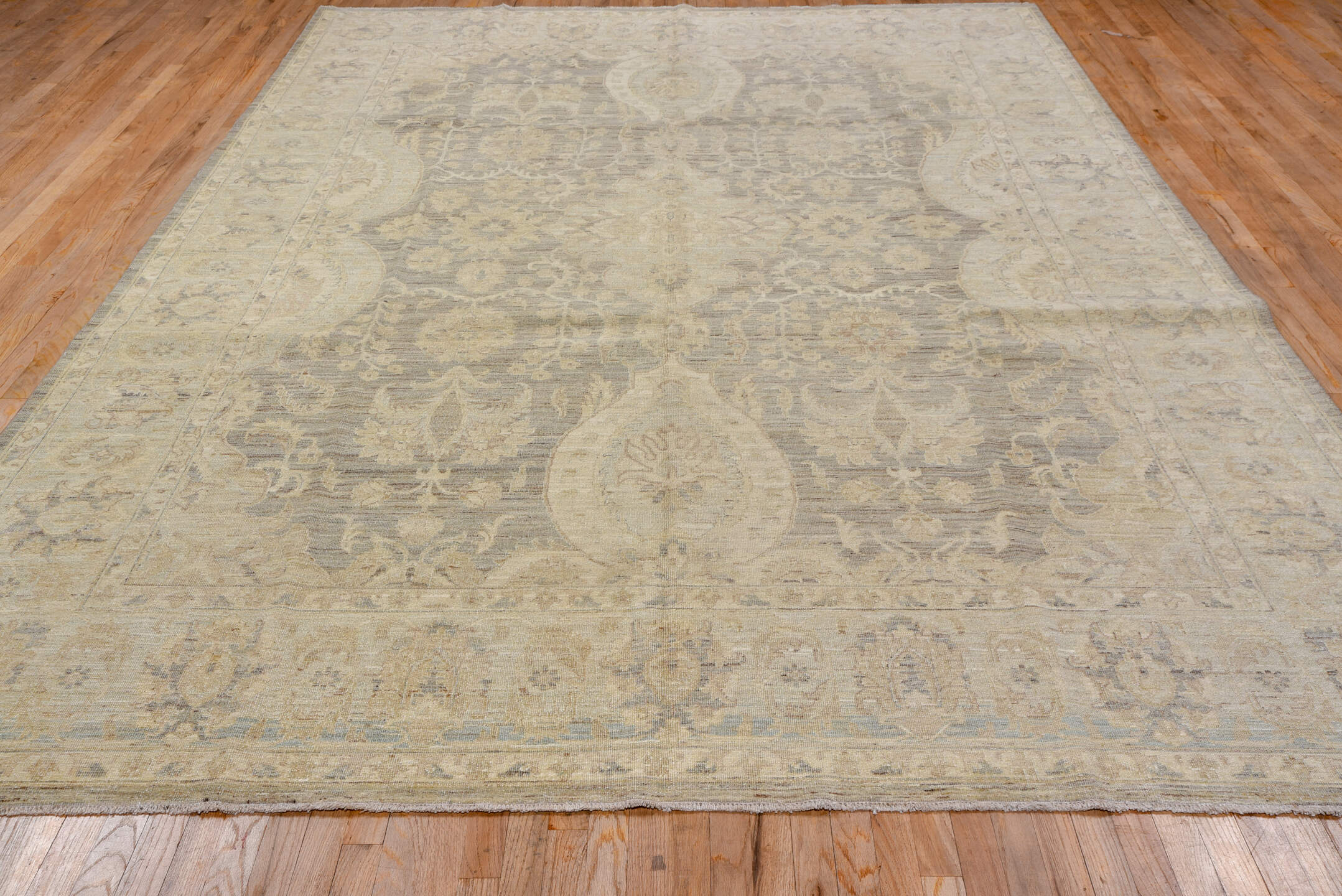 9' x 12' one-of-a-kind handmade vintage Sivas large size rug. Color palette: ivory, beige, taupe, gray, cream, pale gold