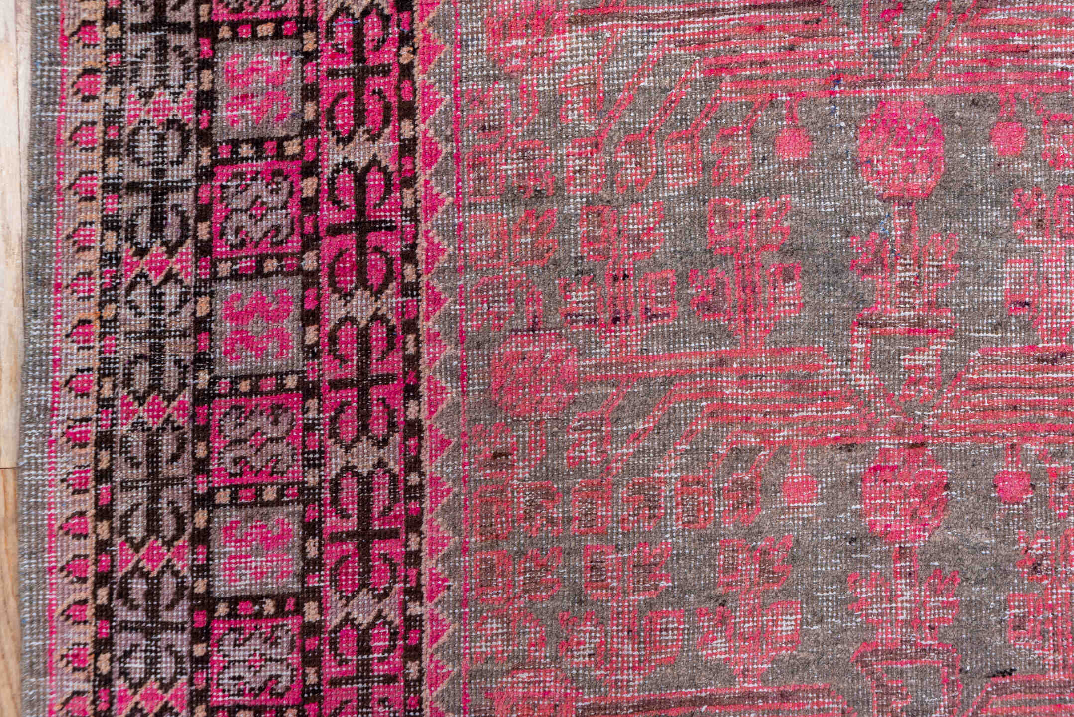 6' x 11' one-of-a-kind handmade antique Khotan large size rug. Color palette: rose, taupe, charcoal, pink, mauve, ivory, red