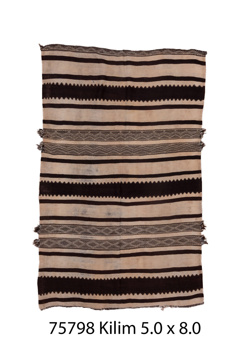 5' x 8' one-of-a-kind handmade vintage Kilim medium size rug. Color palette: brown, gray, off-white, pink, snow, white