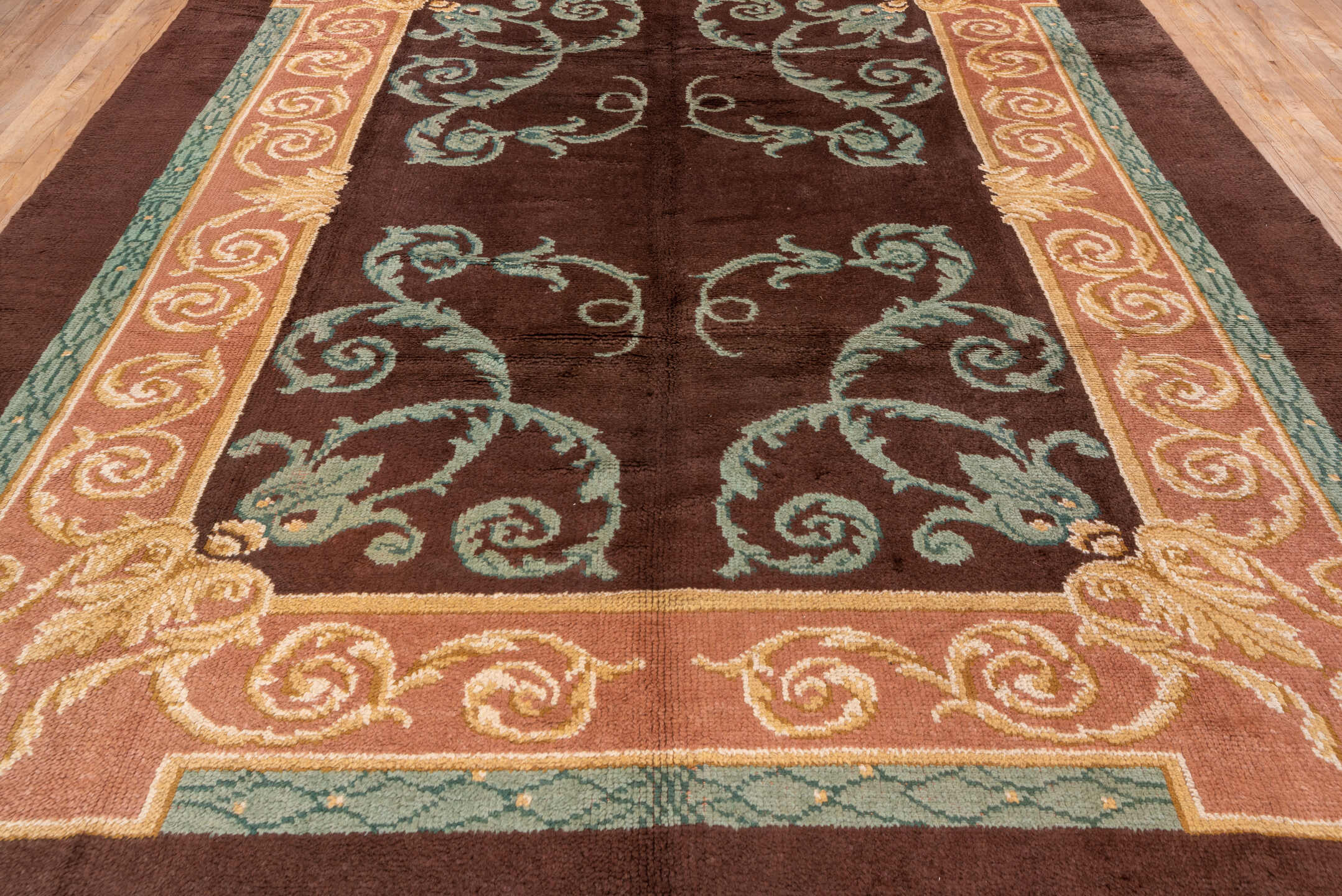 9' x 13' one-of-a-kind handmade antique European large size rug. Color palette: brown, blush, teal, ivory, taupe, pink