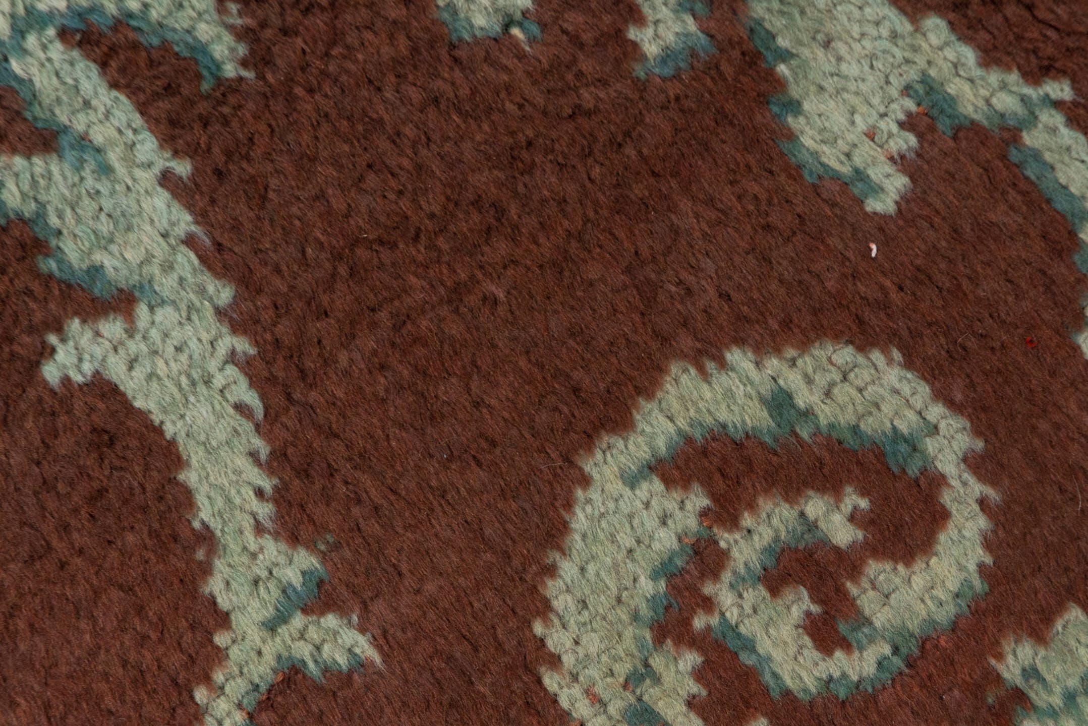 9' x 13' one-of-a-kind handmade antique European large size rug. Color palette: brown, blush, teal, ivory, taupe, pink