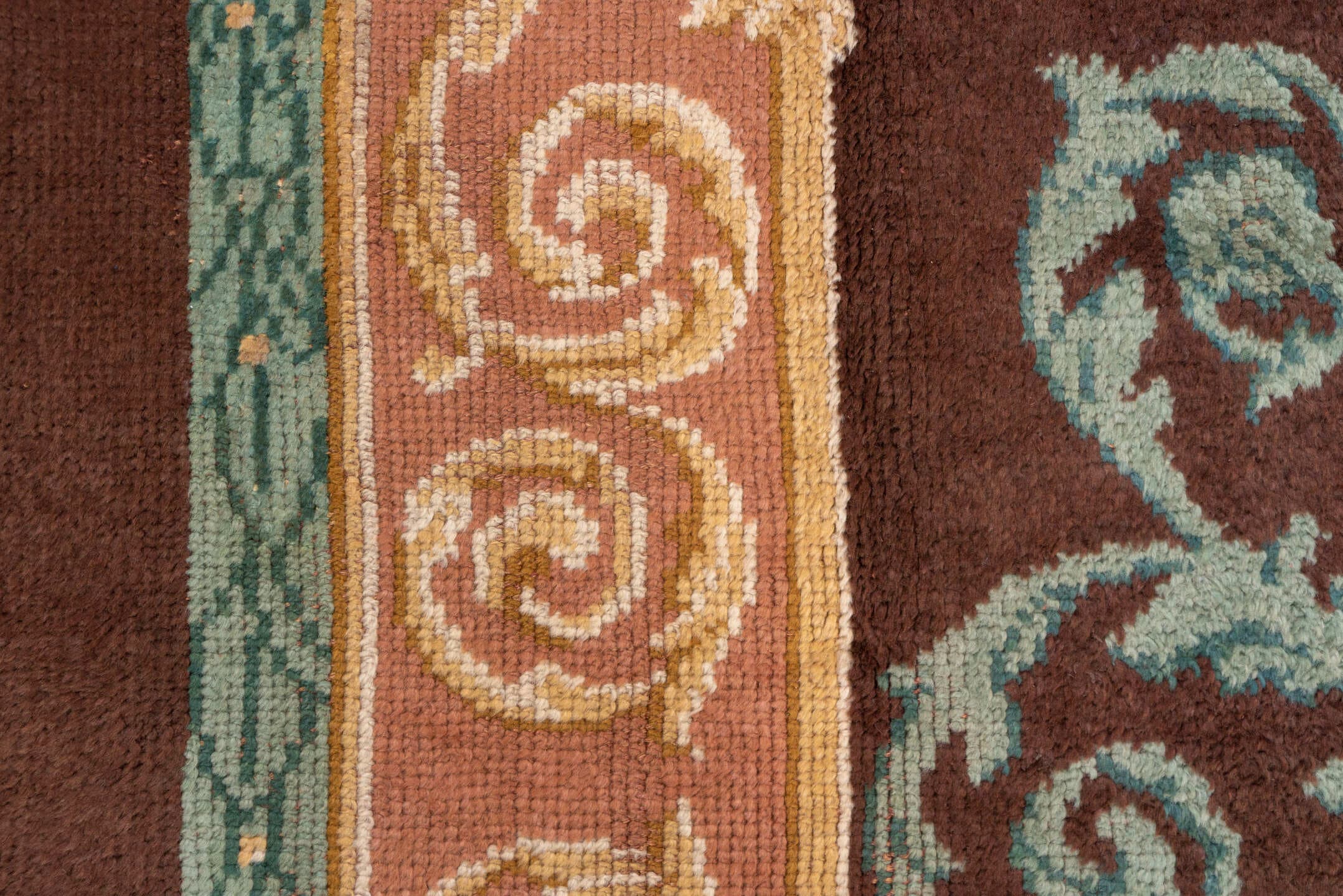 9' x 13' one-of-a-kind handmade antique European large size rug. Color palette: brown, blush, teal, ivory, taupe, pink