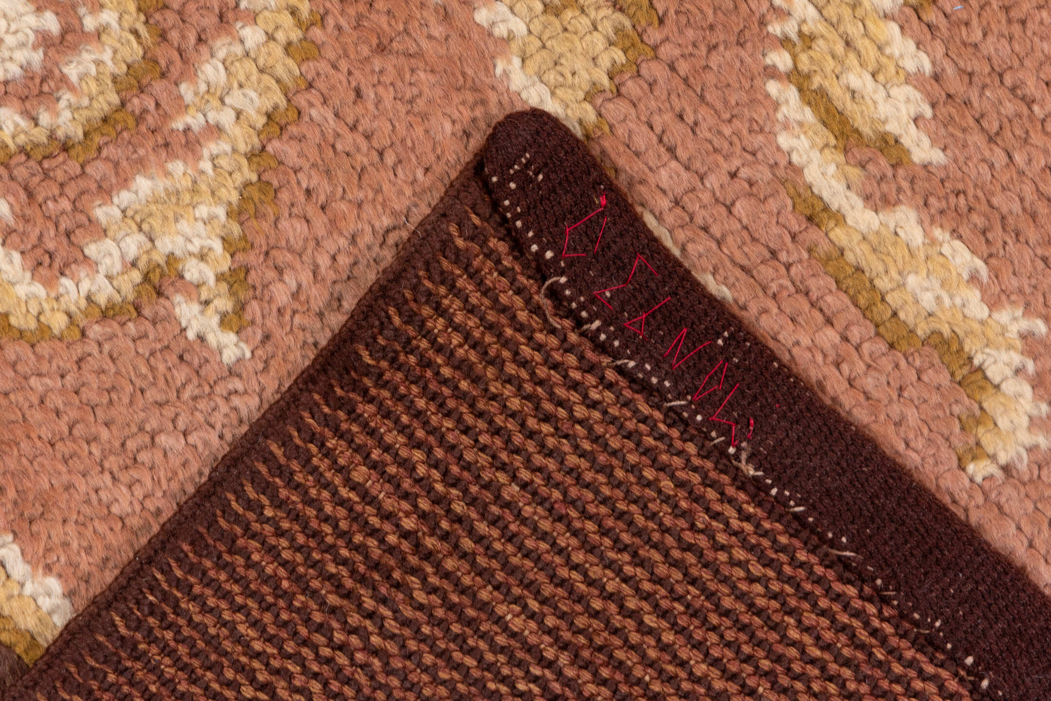 9' x 13' one-of-a-kind handmade vintage European large size rug. Color palette: brown, gray, orange, redwood, tan