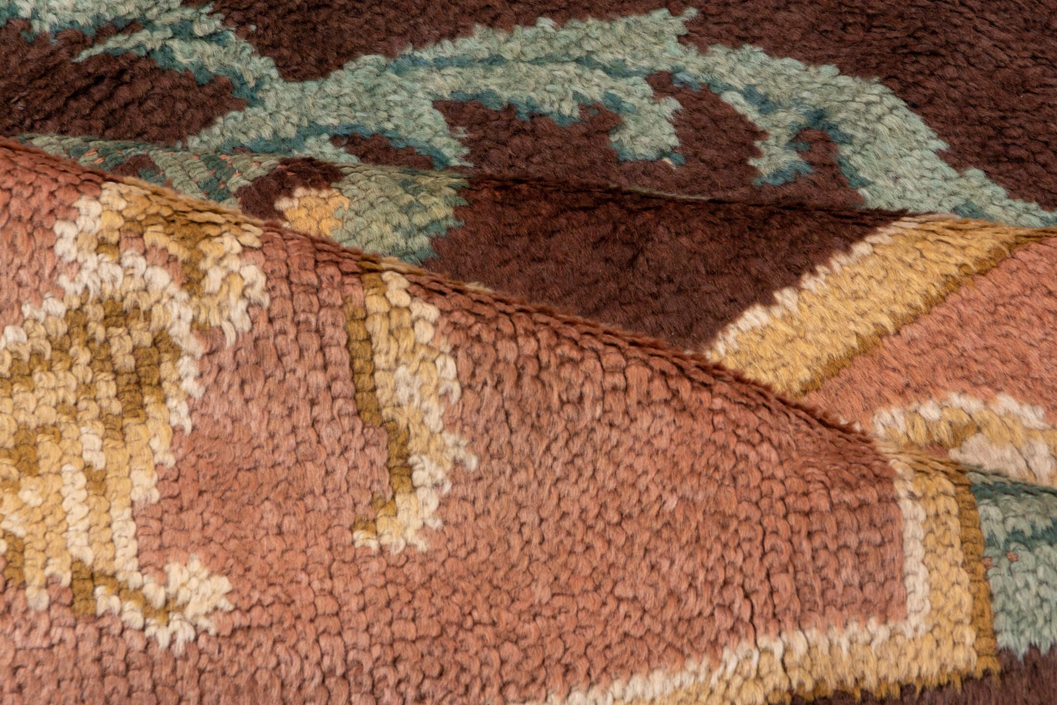9' x 13' one-of-a-kind handmade antique European large size rug. Color palette: brown, blush, teal, ivory, taupe, pink