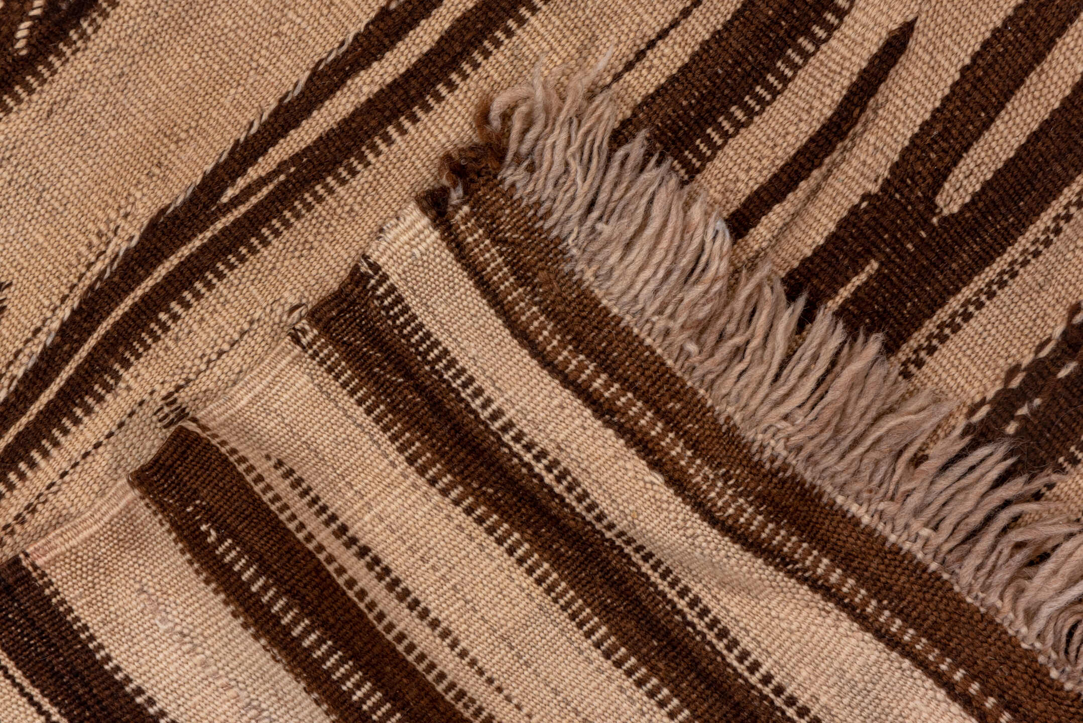 4' x 9' one-of-a-kind handmade vintage Kilim runner rug. Color palette: brown, light gray, off-white, pink, snow, white