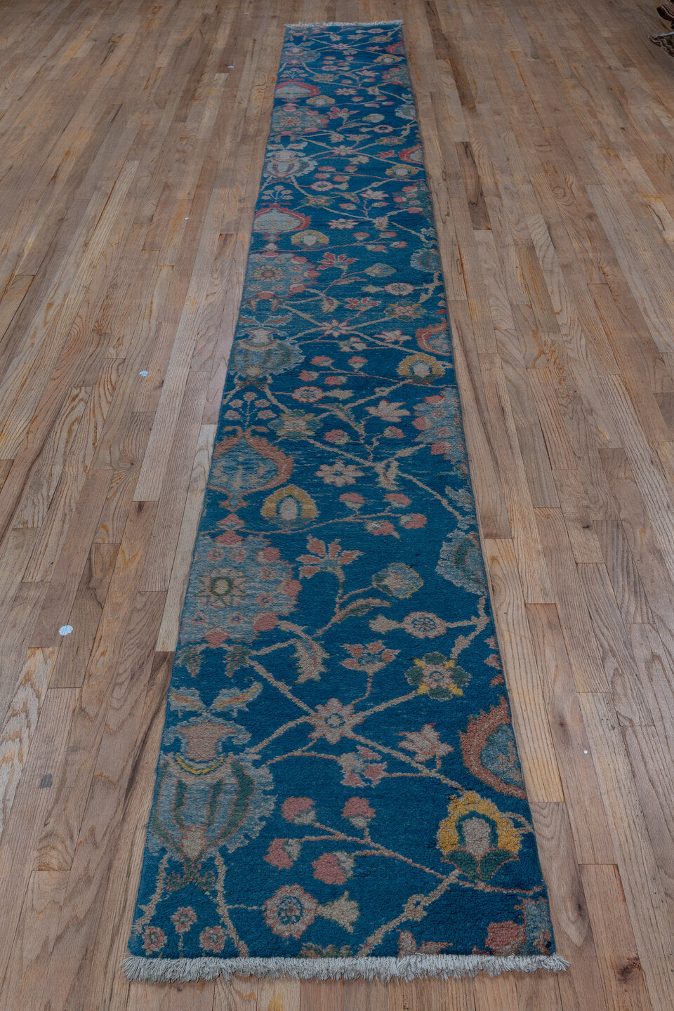 2' x 14' one-of-a-kind handmade vintage Mahal runner rug. Color palette: arapawa, blue, fiord, gray, off-white, pink, snow