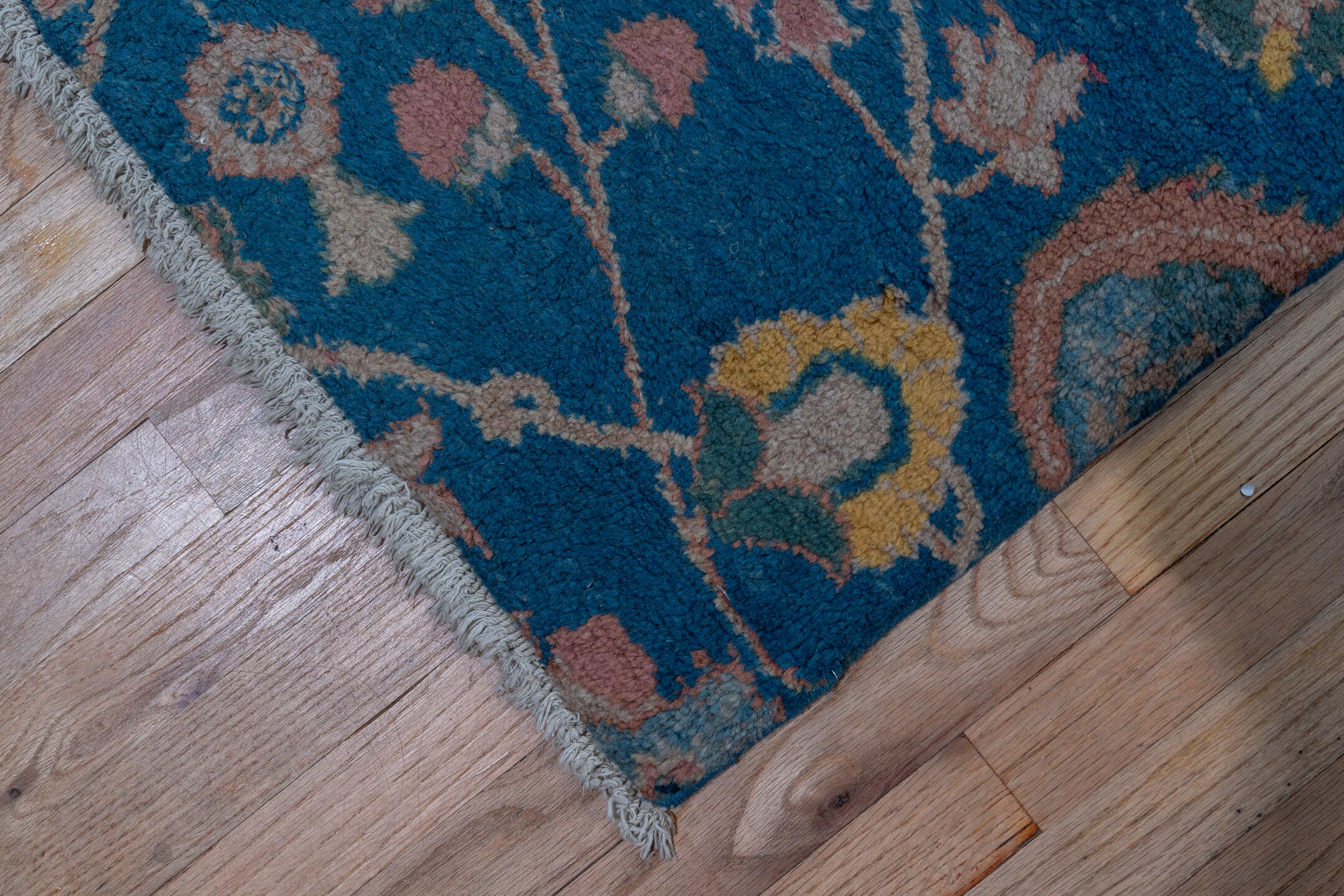 2' x 14' one-of-a-kind handmade vintage Mahal runner rug. Color palette: blue, ivory, rust, rose, sage, gold, taupe