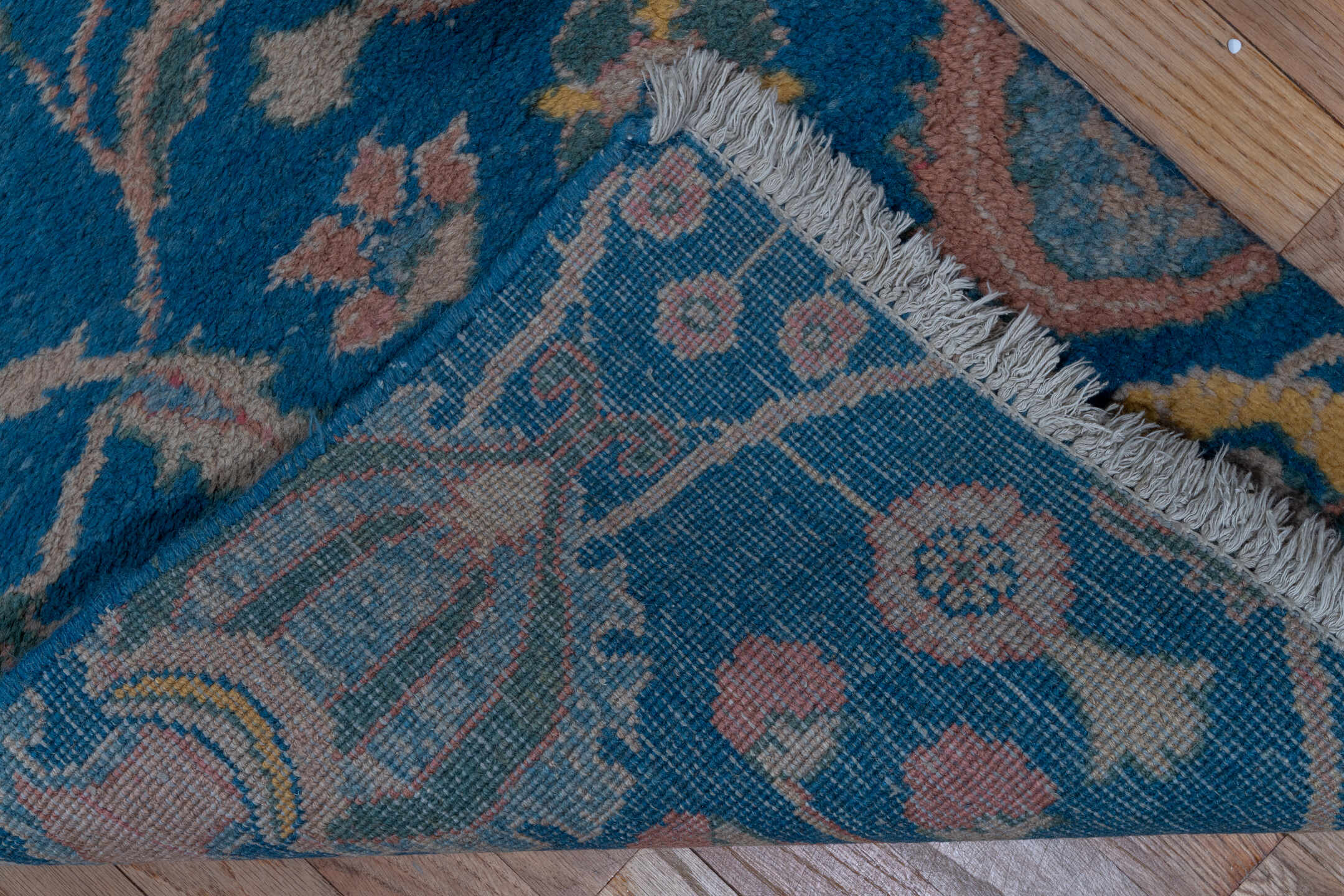 2' x 14' one-of-a-kind handmade vintage Mahal runner rug. Color palette: arapawa, blue, fiord, gray, off-white, pink, snow