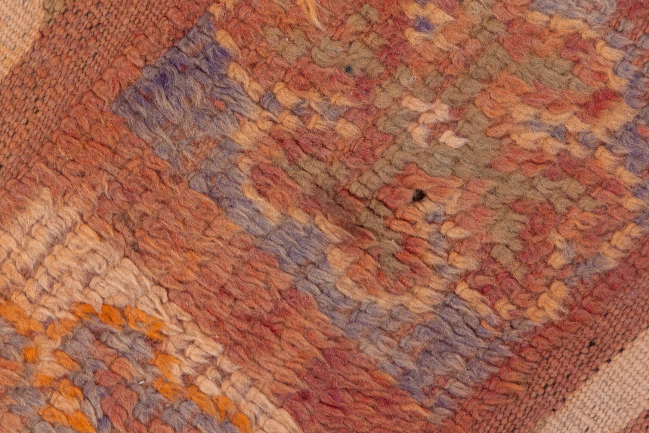 6' x 11' one-of-a-kind handmade vintage Moroccan large size rug. Color palette: terra cotta, rose, lavender, taupe, rust