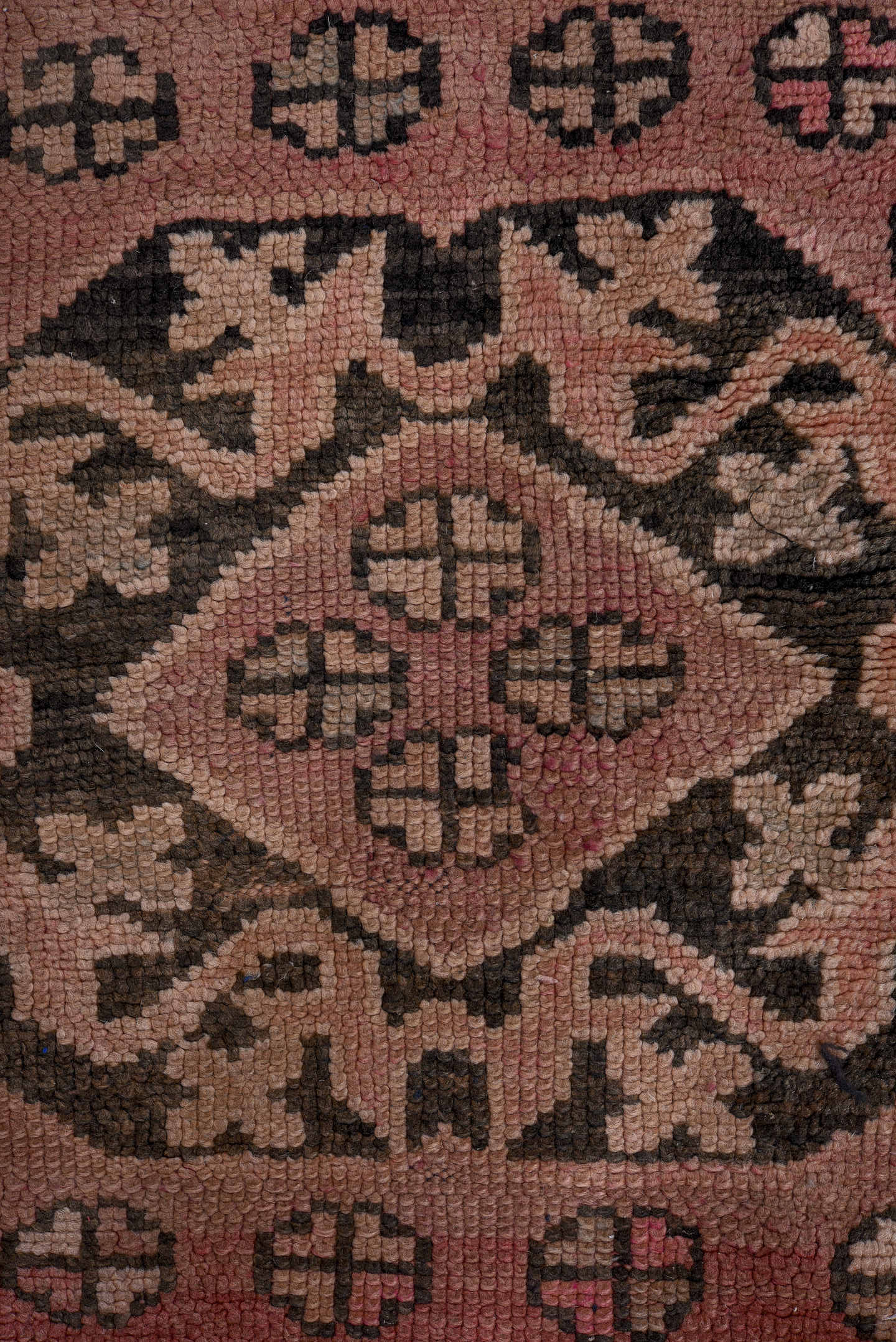 3' x 6' one-of-a-kind handmade vintage Moroccan runner rug. Color palette: rose, dusty pink, charcoal, taupe, mauve, brown