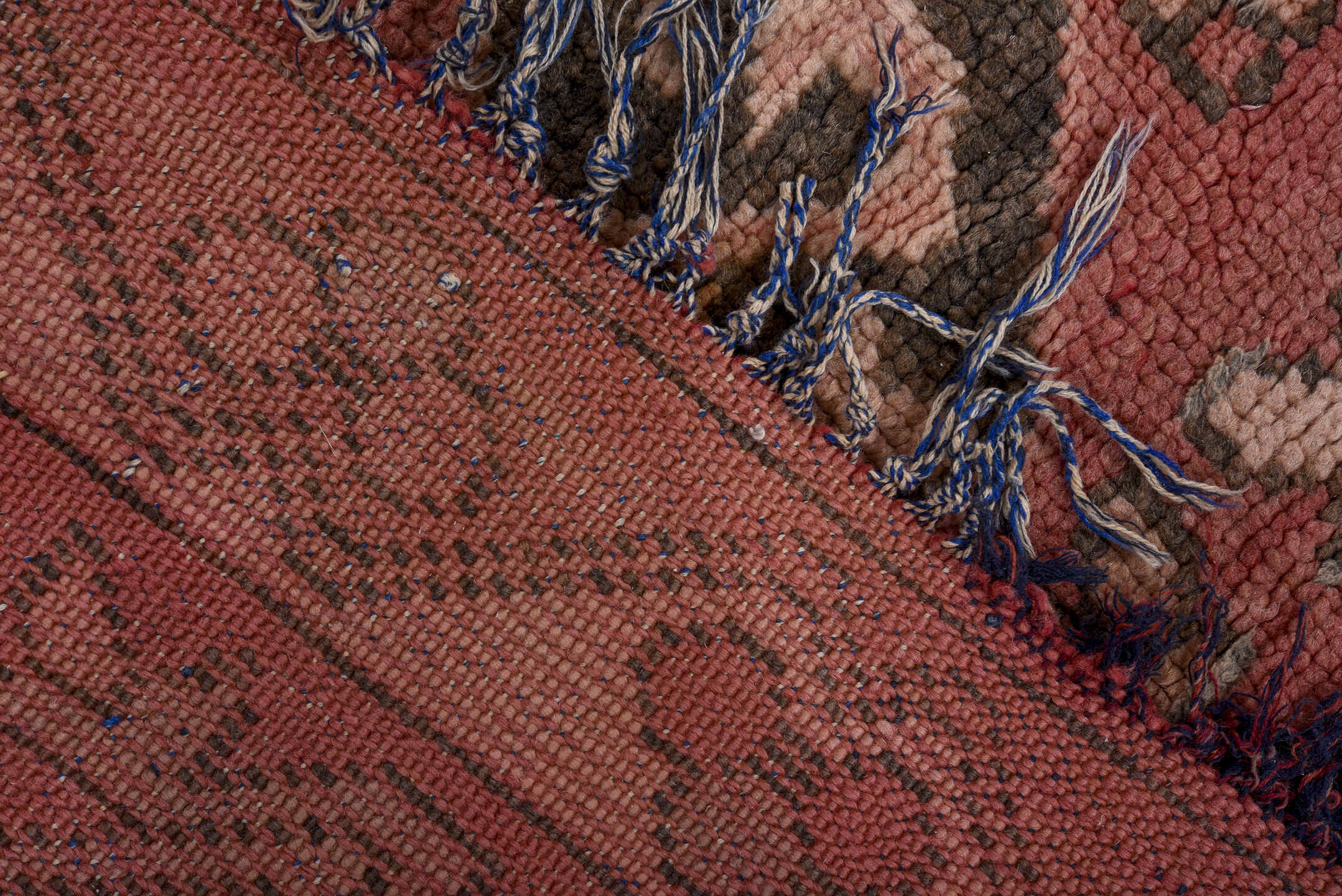 3' x 6' one-of-a-kind handmade vintage Moroccan runner rug. Color palette: black, brown, charcoal, gray, light blue, pink