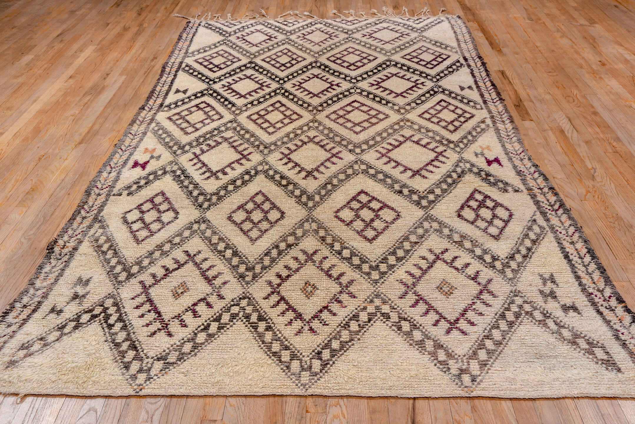 6' x 11' one-of-a-kind handmade vintage Moroccan large size rug. Color palette: ivory, charcoal, plum, taupe, saffron, gray