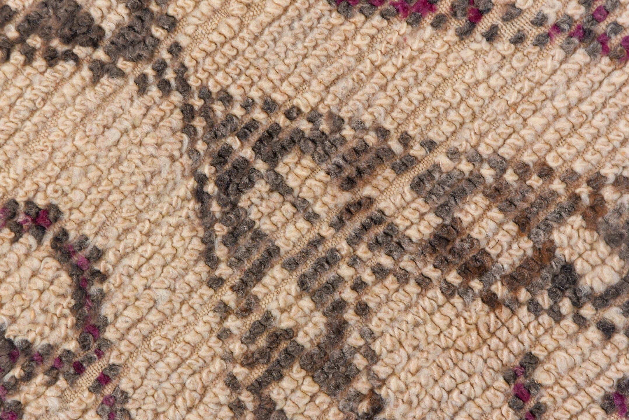 6' x 11' one-of-a-kind handmade vintage Moroccan large size rug. Color palette: ivory, charcoal, plum, taupe, saffron, gray
