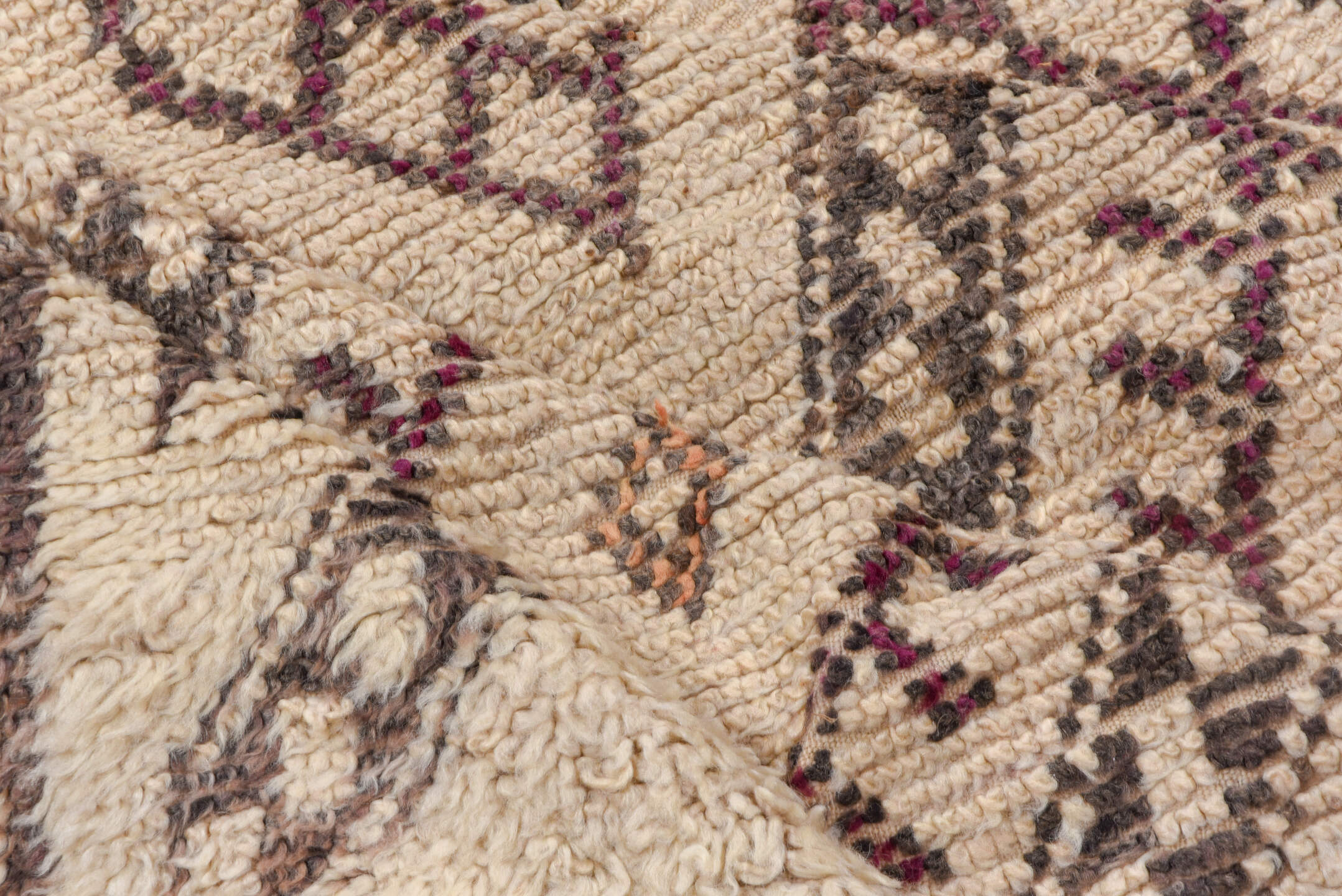 6' x 11' one-of-a-kind handmade vintage Moroccan large size rug. Color palette: ivory, charcoal, plum, taupe, saffron, gray
